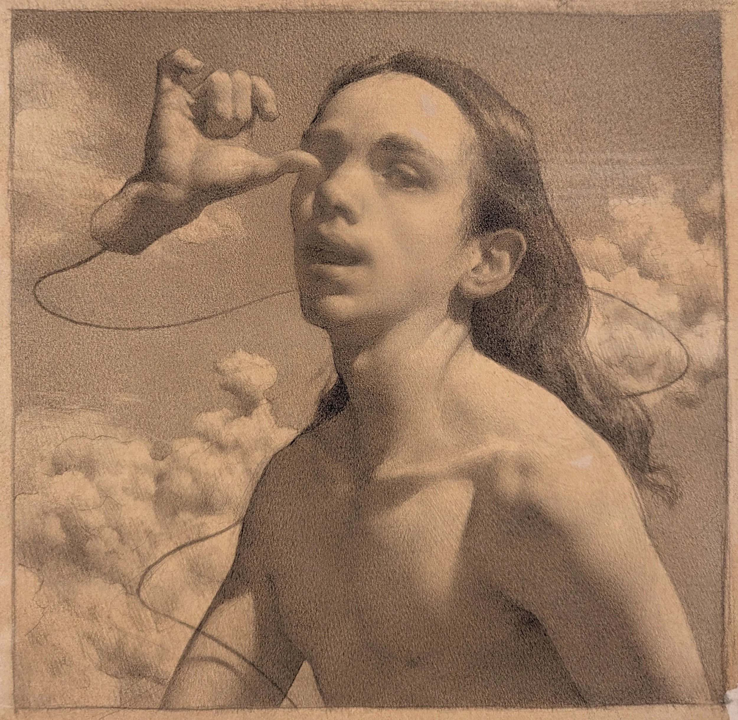 A pencil sketch of a woman with long hair, holding a headphone to her ear, against a sky with clouds background.