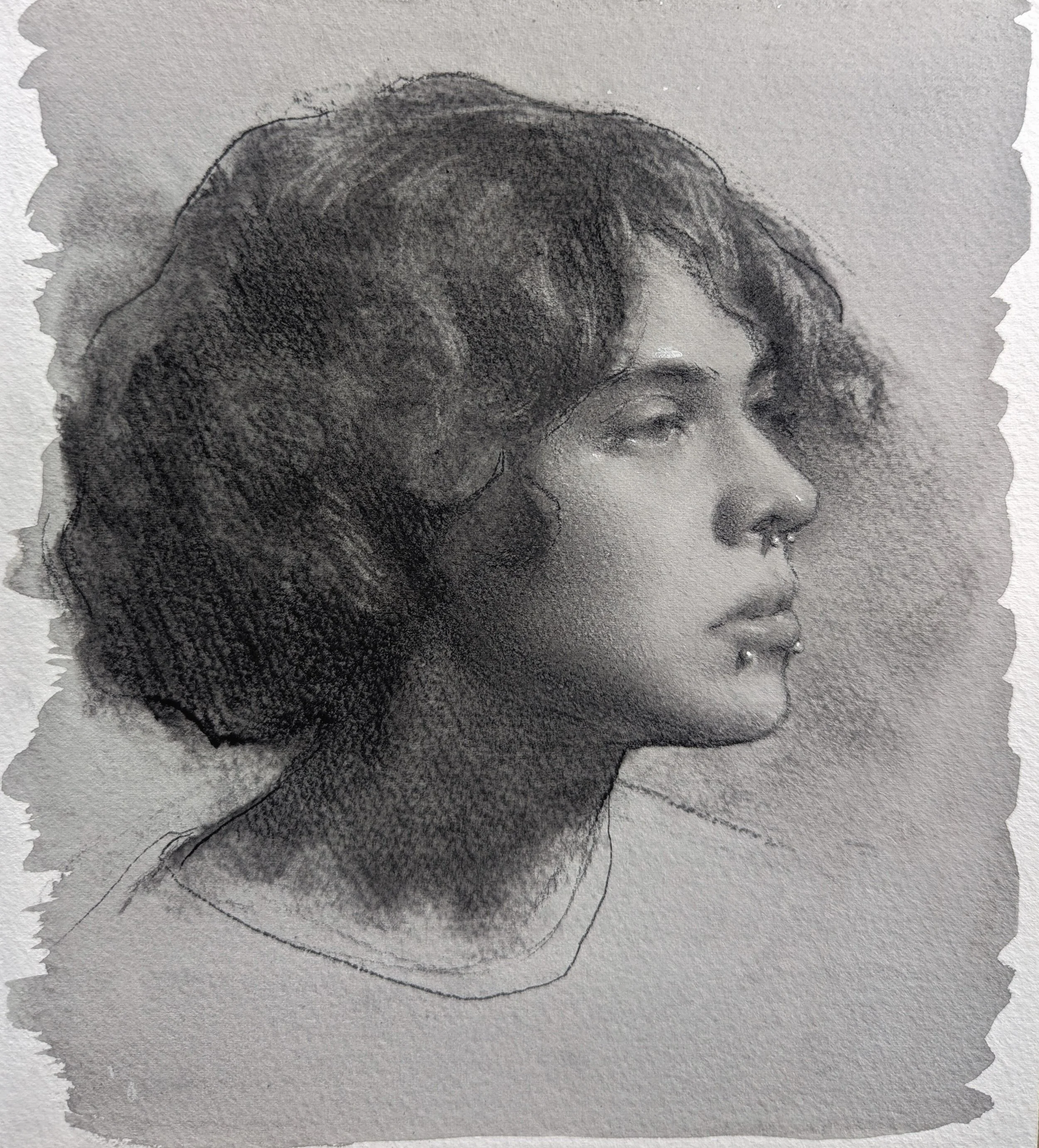 Black and white sketch of a young woman with short, curly hair looking to the right, with several facial piercings including a septum piercing, a labret piercing, and a nostril piercing.