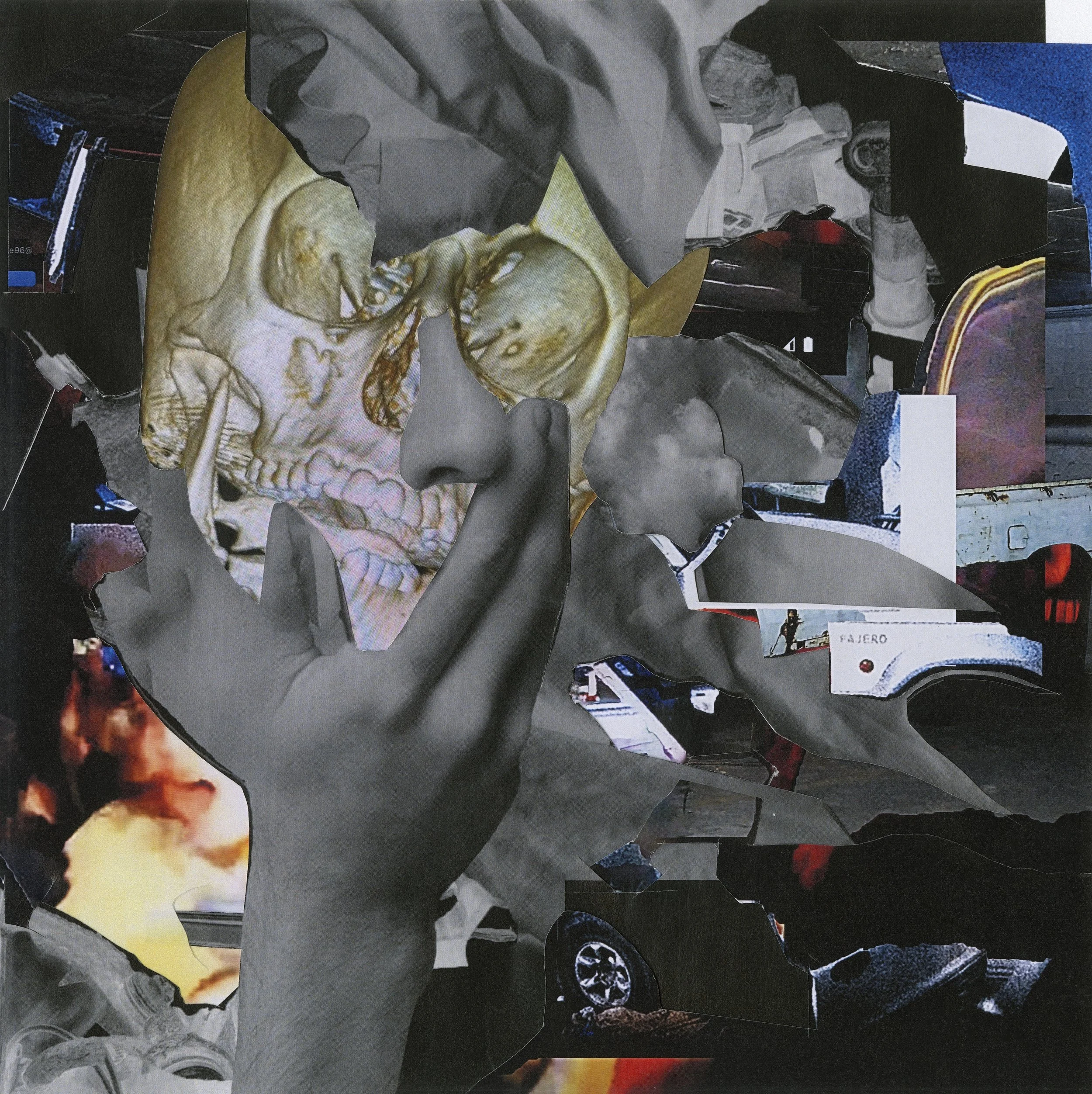 A collage featuring a human hand with the index finger held against the lips in a shushing gesture, overlaid with a semi-transparent skull and face in a surreal, abstract art style. The background consists of various images including a vehicle, fire,