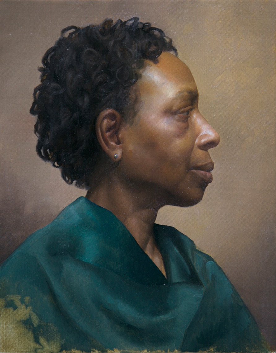 A detailed portrait painting of an older woman with dark, curly hair, wearing a teal shawl or garment, looking to the right against a neutral brown background.