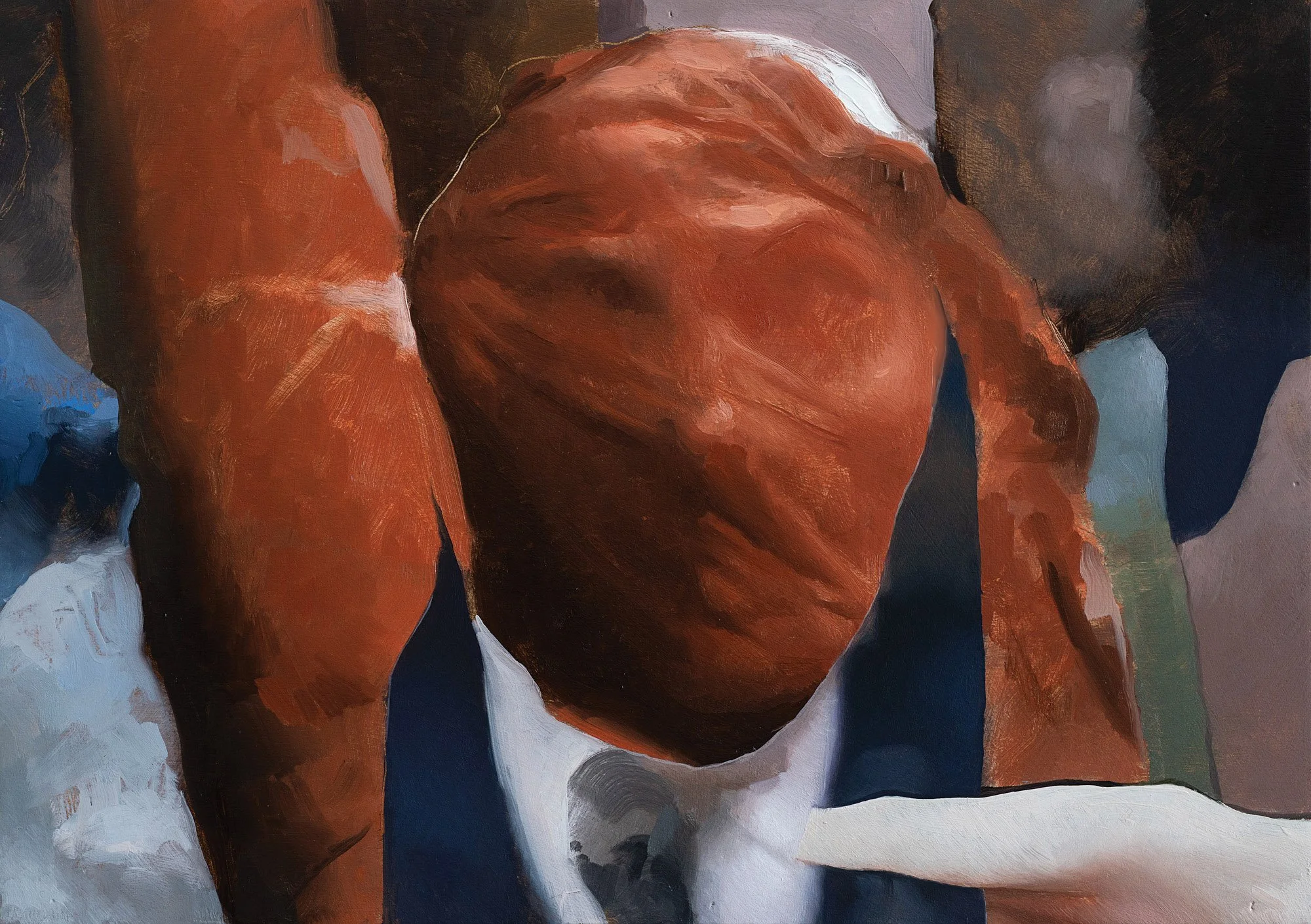 An abstract painting of a person with bent arms and head down, using earthy colors and bold brush strokes.