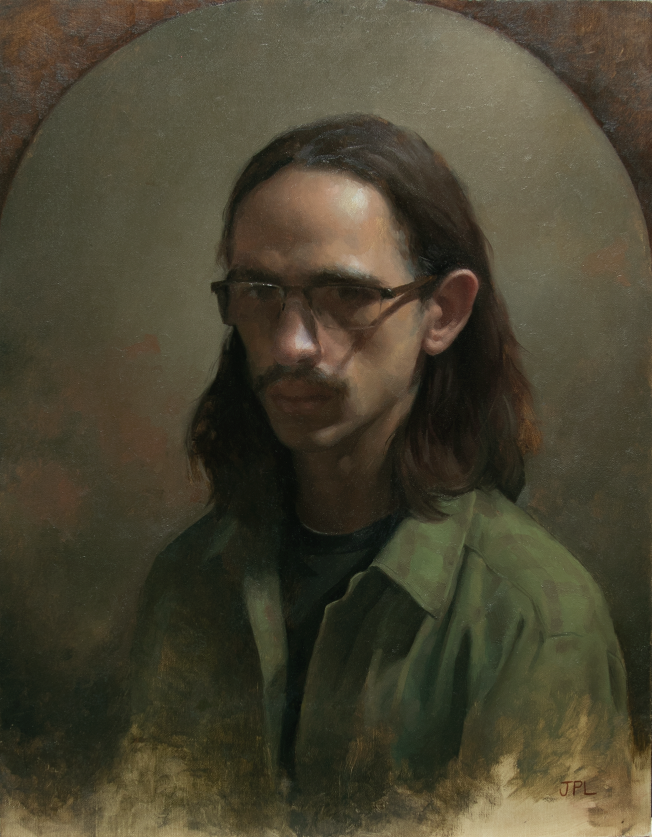 A painted portrait of a man with long brown hair, glasses, a mustache, and a goatee, wearing a green jacket and black shirt, with a halo-like background behind him.