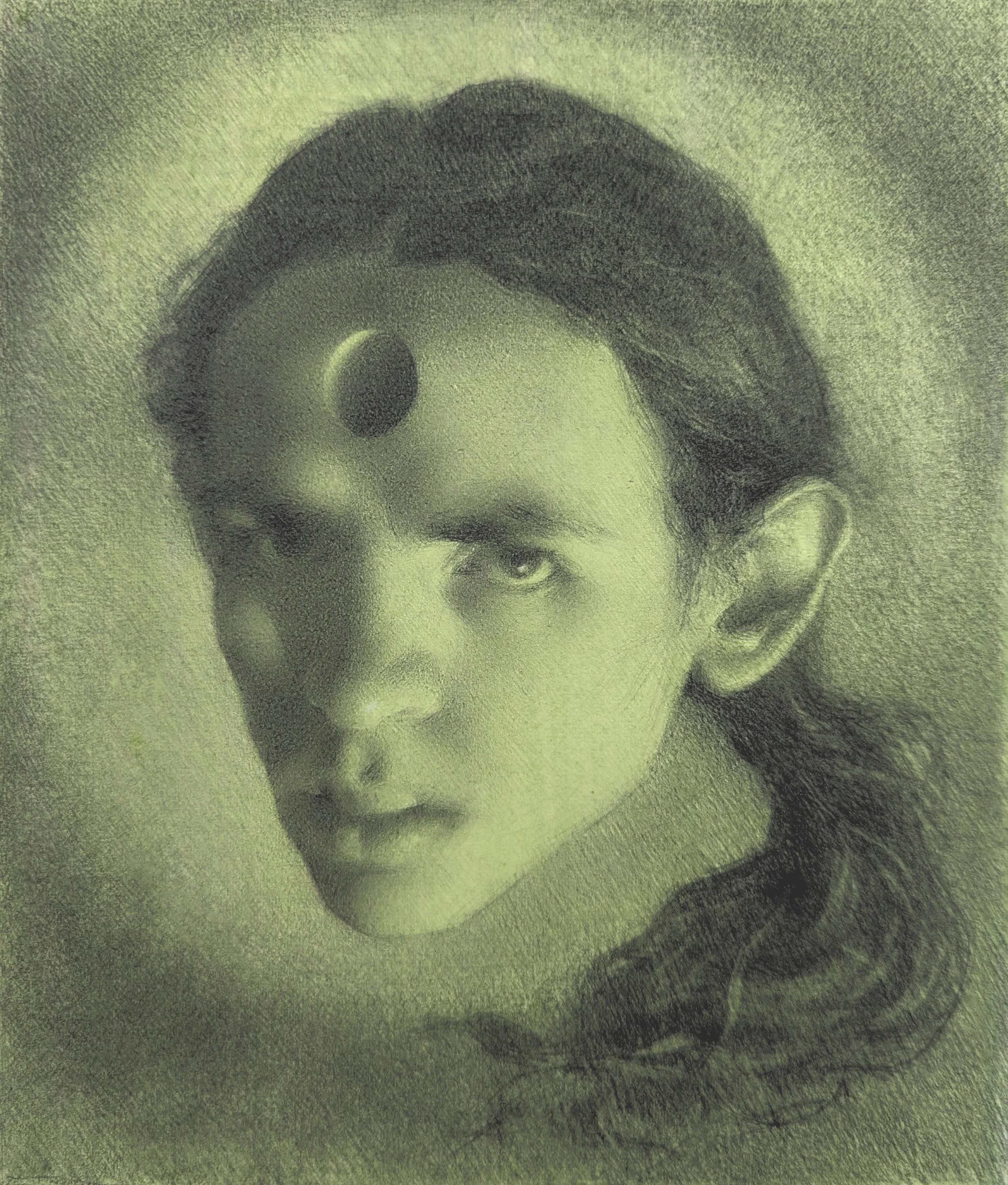 A surreal pencil drawing of a woman with long hair, and a mysterious black circle on her forehead, with one eye partially visible.
