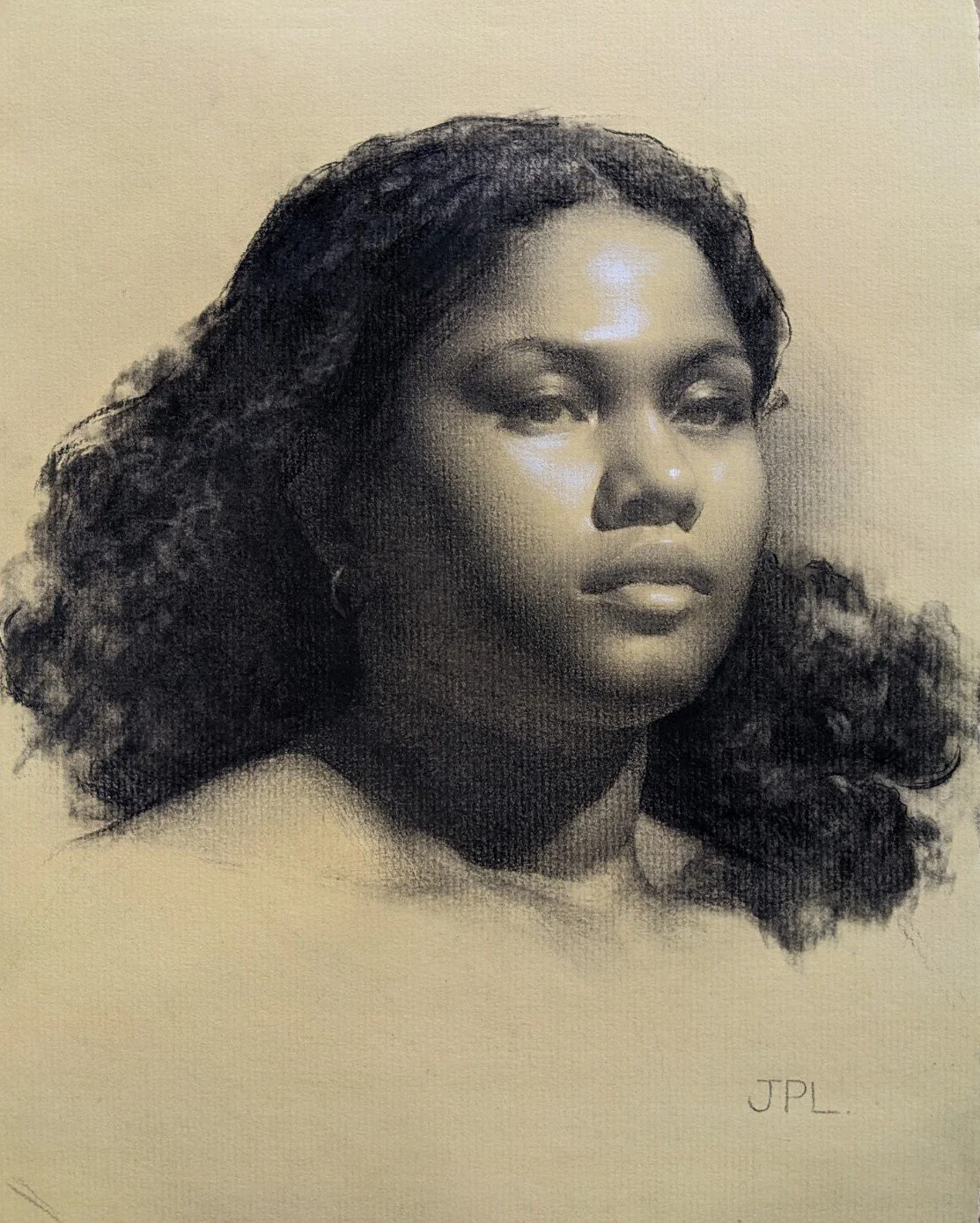 A realistic pencil drawing of a woman with dark, curly hair, looking slightly to the side with a neutral expression, signed with initials 'JPL'.
