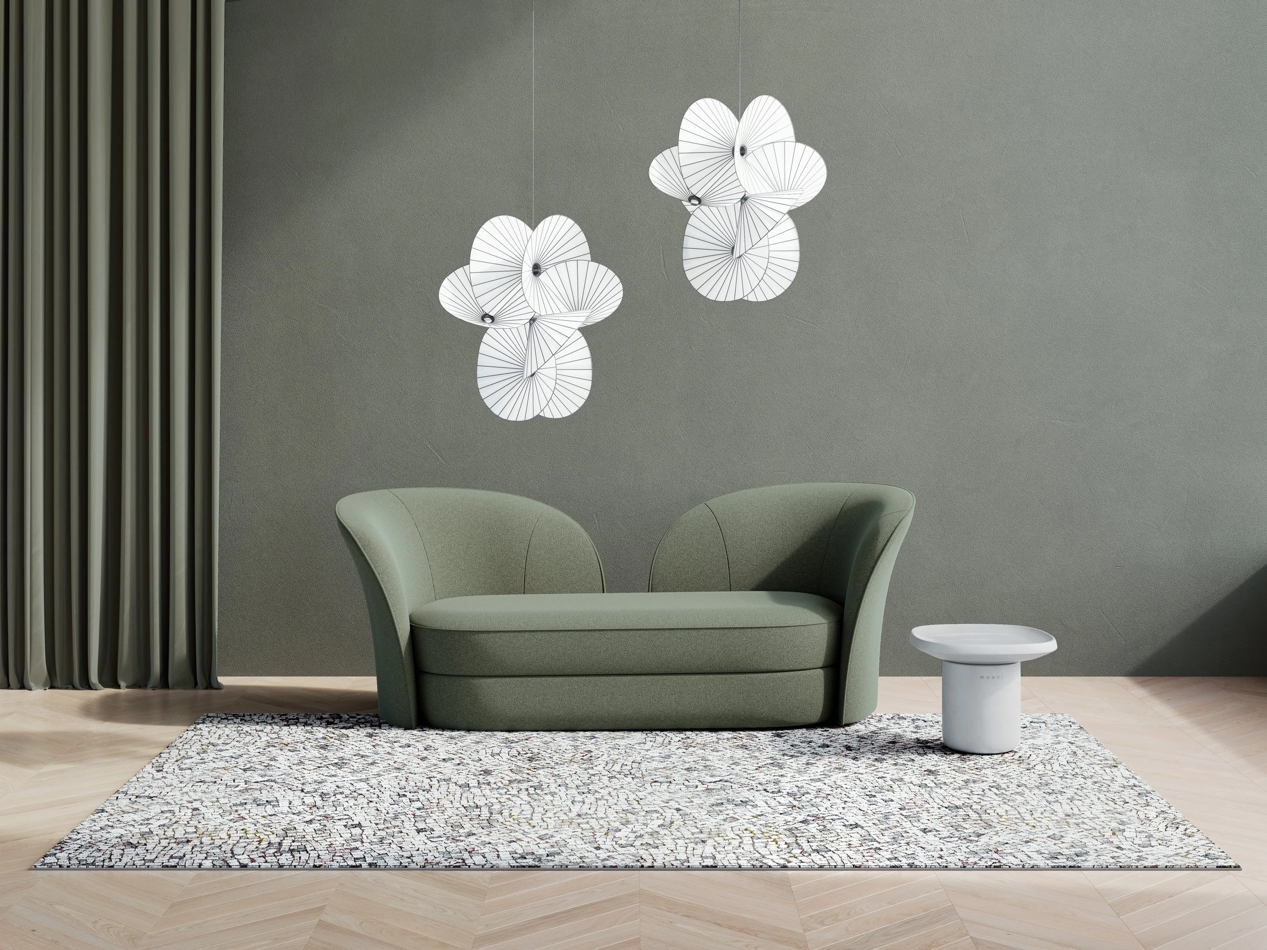 Modern living room with a carpet with Pattern of Milano Mosaic by Moooi Carpets, pattern design and illustration project by Automne Studio.