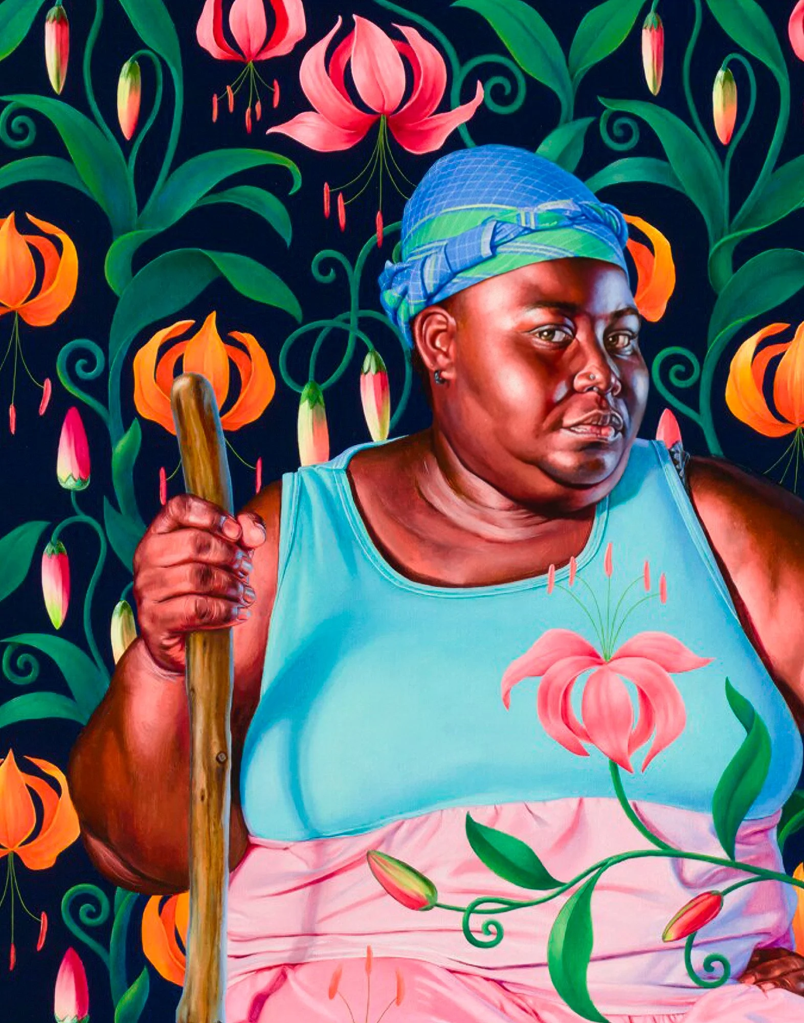 Close-up of a painted portrait by Kehinde Wiley for the Flourish exhibition at Museum Van Loon in Amsterdam, poster illustration and pattern by Automne Studio.