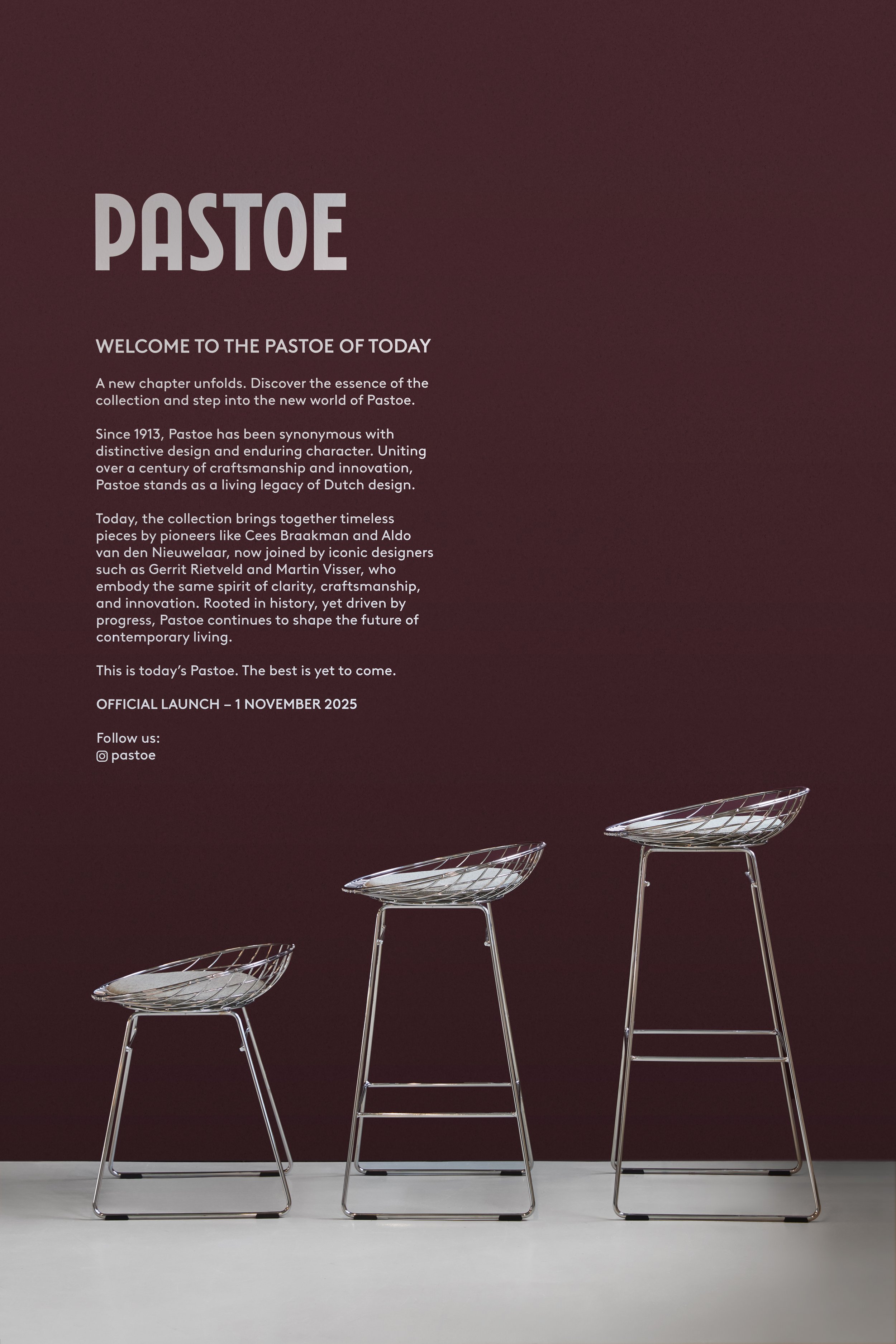Pastoe furniture launch poster featuring three chrome wire-frame bar stools, timeless dutch furniture design, branding project by Automne Studio.