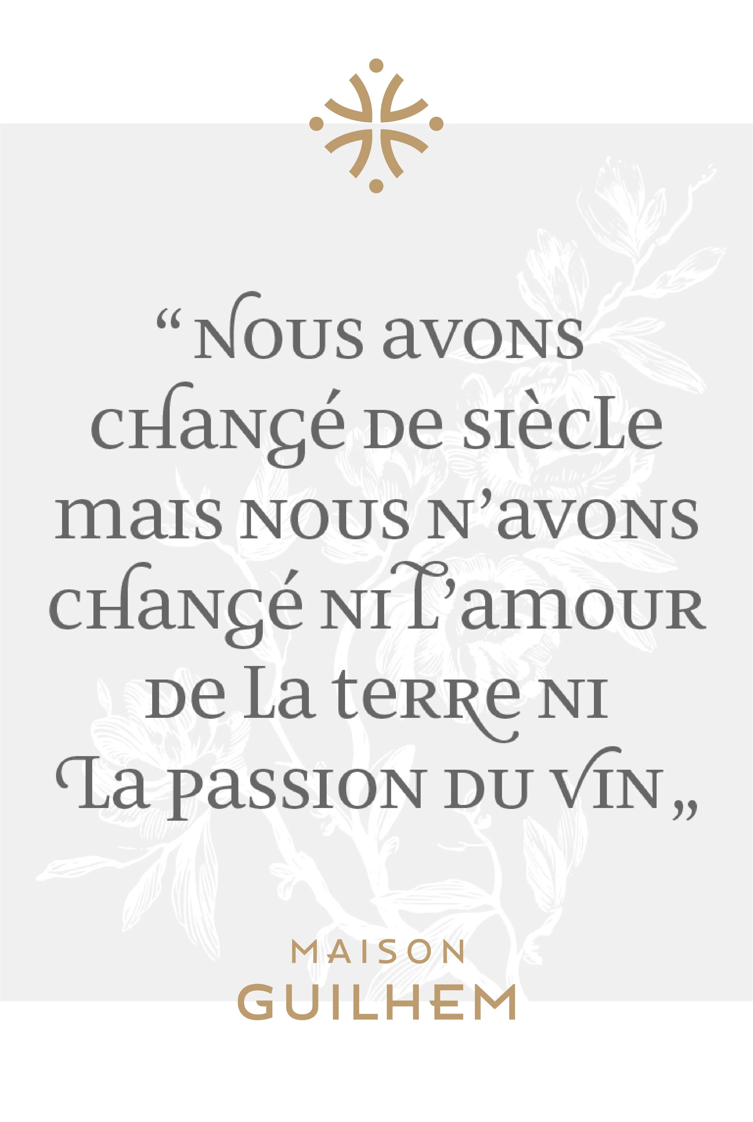 Maison Guilhem French quote “Nous avons changé de siècle mais nous n’avons changé ni l’amour, ni la passion du vin,” with a gold emblem and white floral illustration, branding and editorial project by Automne Studio.