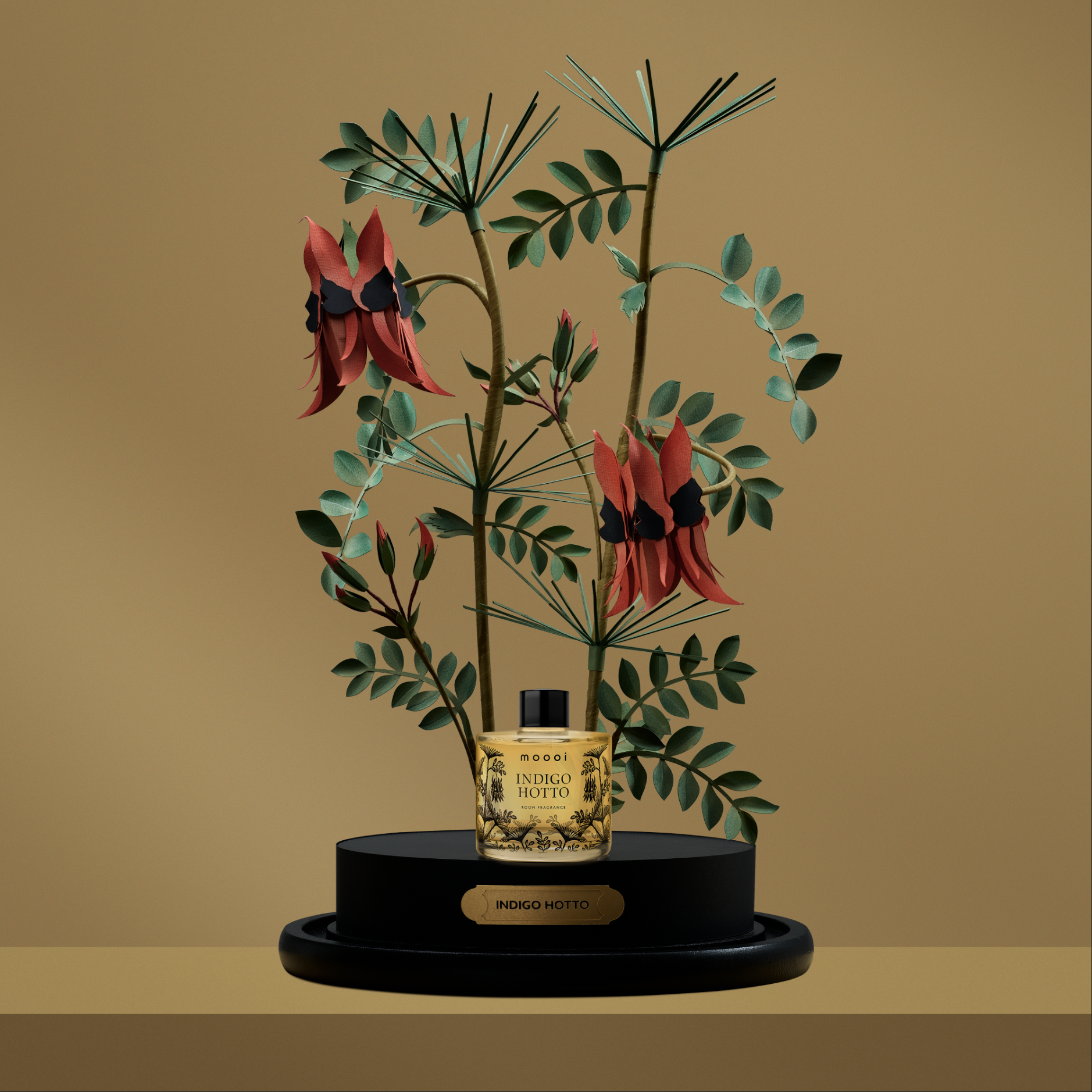 Moooi Indigo Hotto fragrance bottle, Extinct Plants Home Fragrance Collection by Moooi, illustration, packaging and visual identity by Automne Studio.