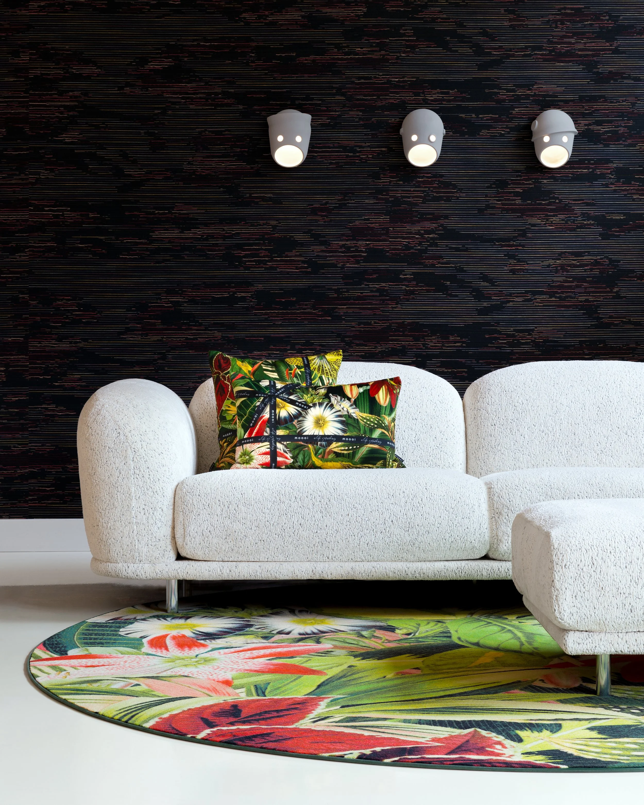 Contemporary living room with a carpet with a pattern of Herbarium of Extinct plants by Moooi Carpets, pattern design and illustration project by Automne Studio.