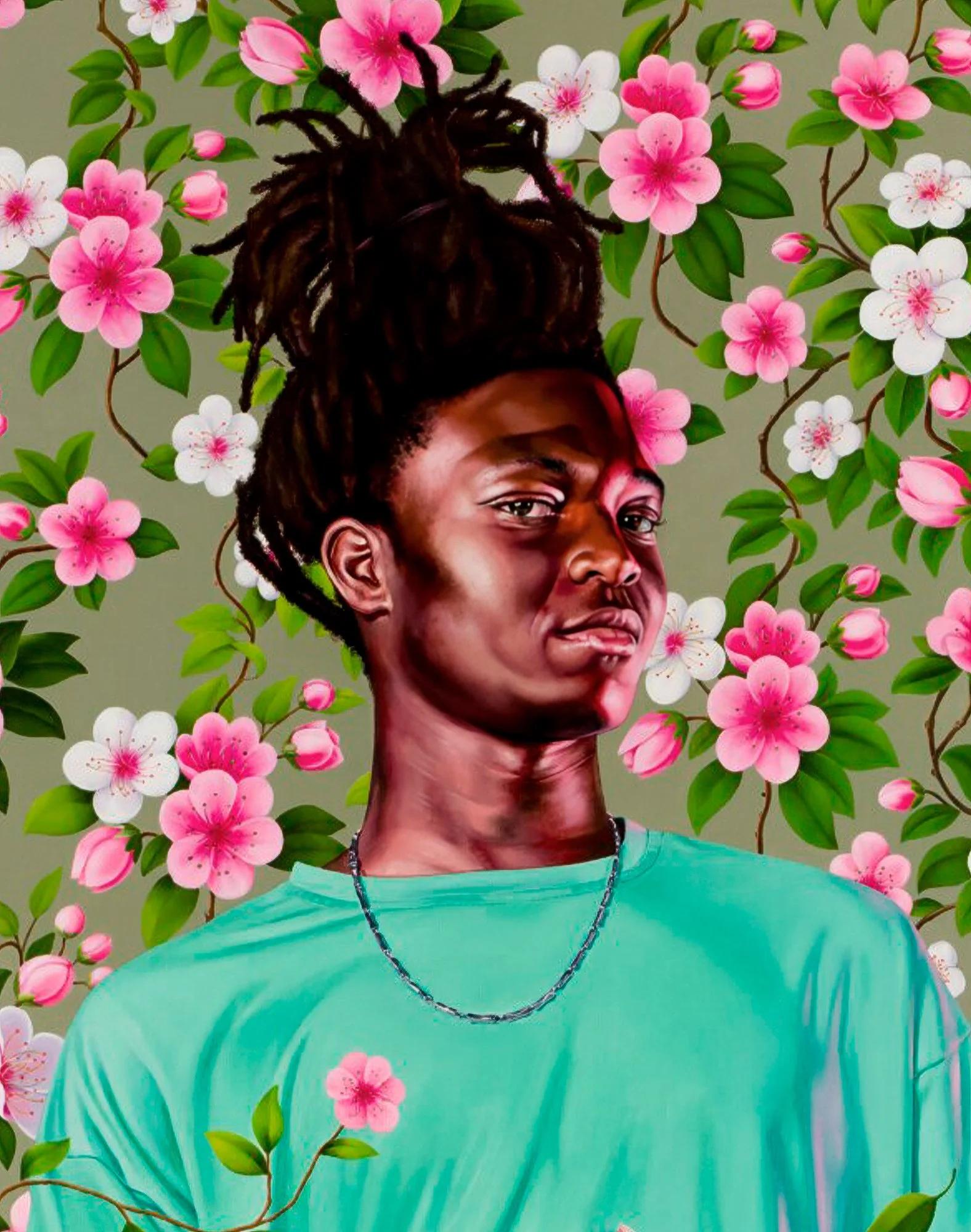 Close-up of a painted portrait by Kehinde Wiley for the Flourish exhibition at Museum Van Loon in Amsterdam, poster illustration and pattern by Automne Studio.