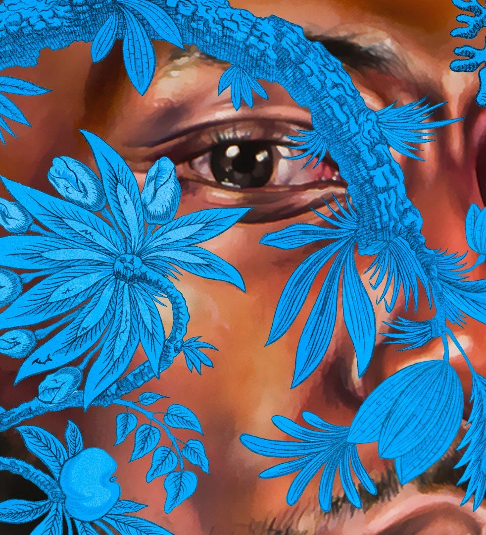Close-up painted portrait of the Flourish poster for Kehinde Wiley’s at Museum Van Loon in Amsterdam, Illustration and pattern by Automne Studio.