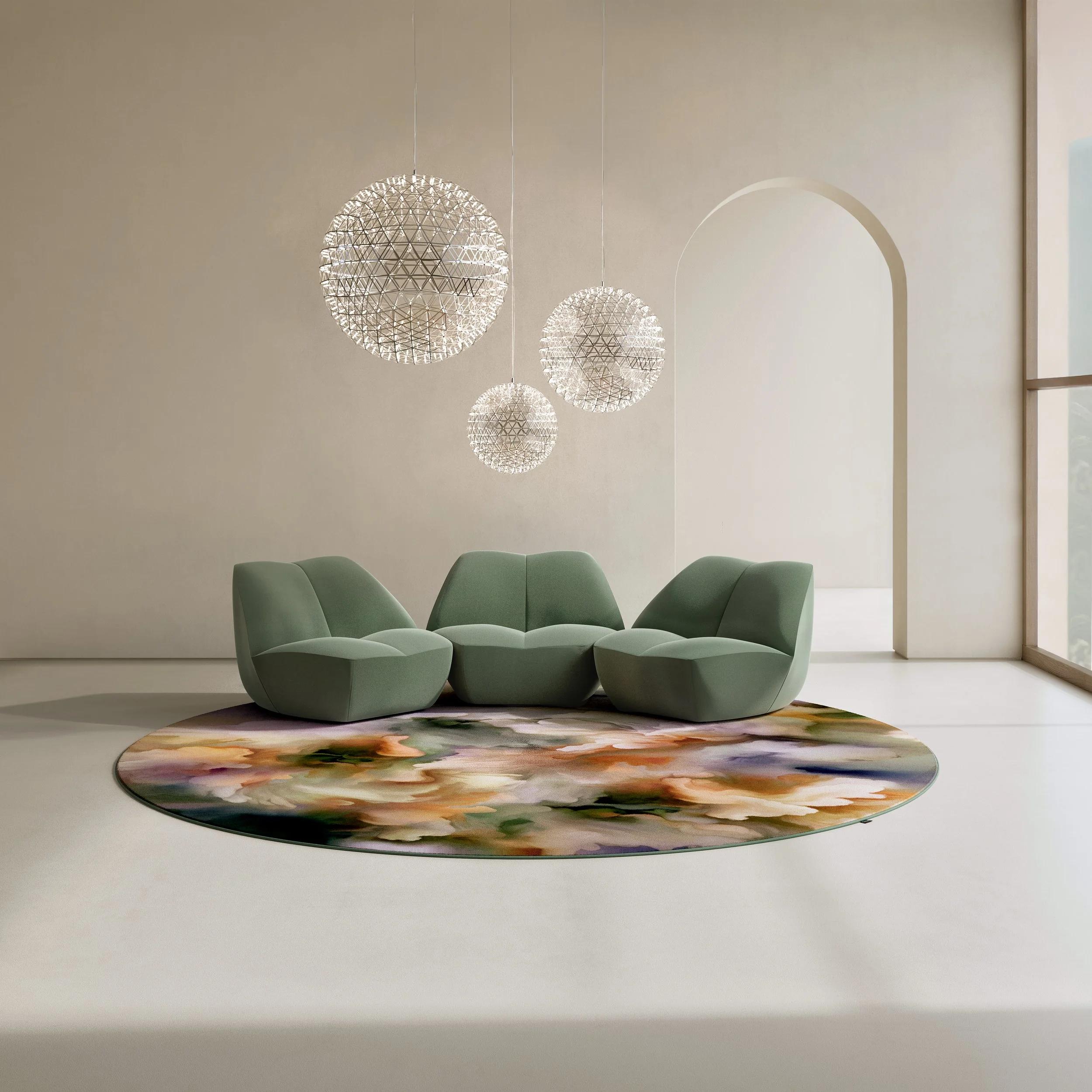 Modern living room with the rug Aqua Flora Tigerlily by Moooi, pattern design and illustration project by Automne Studio.