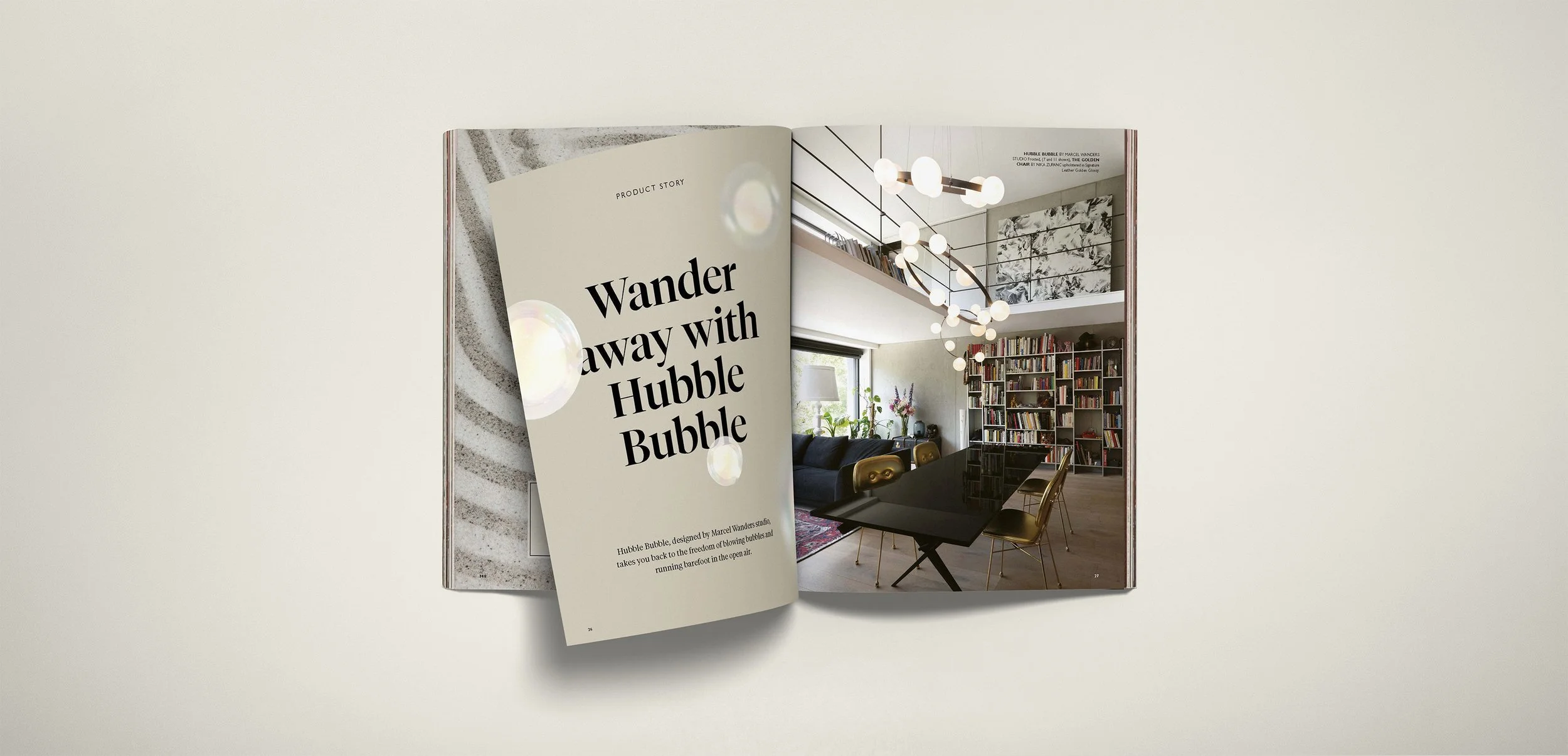 Open interior design magazine Moooi featuring a Hubbel Bubble lighting, Moooi book, editorial project by Automne Studio.