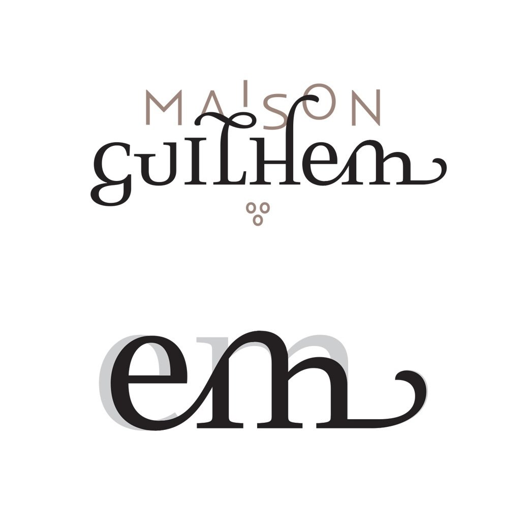 Typography logo design exploration for Maison Guilhem, showing stylized wordmarks, letterforms, and construction grid sketches, branding and editorial project by Automne Studio.