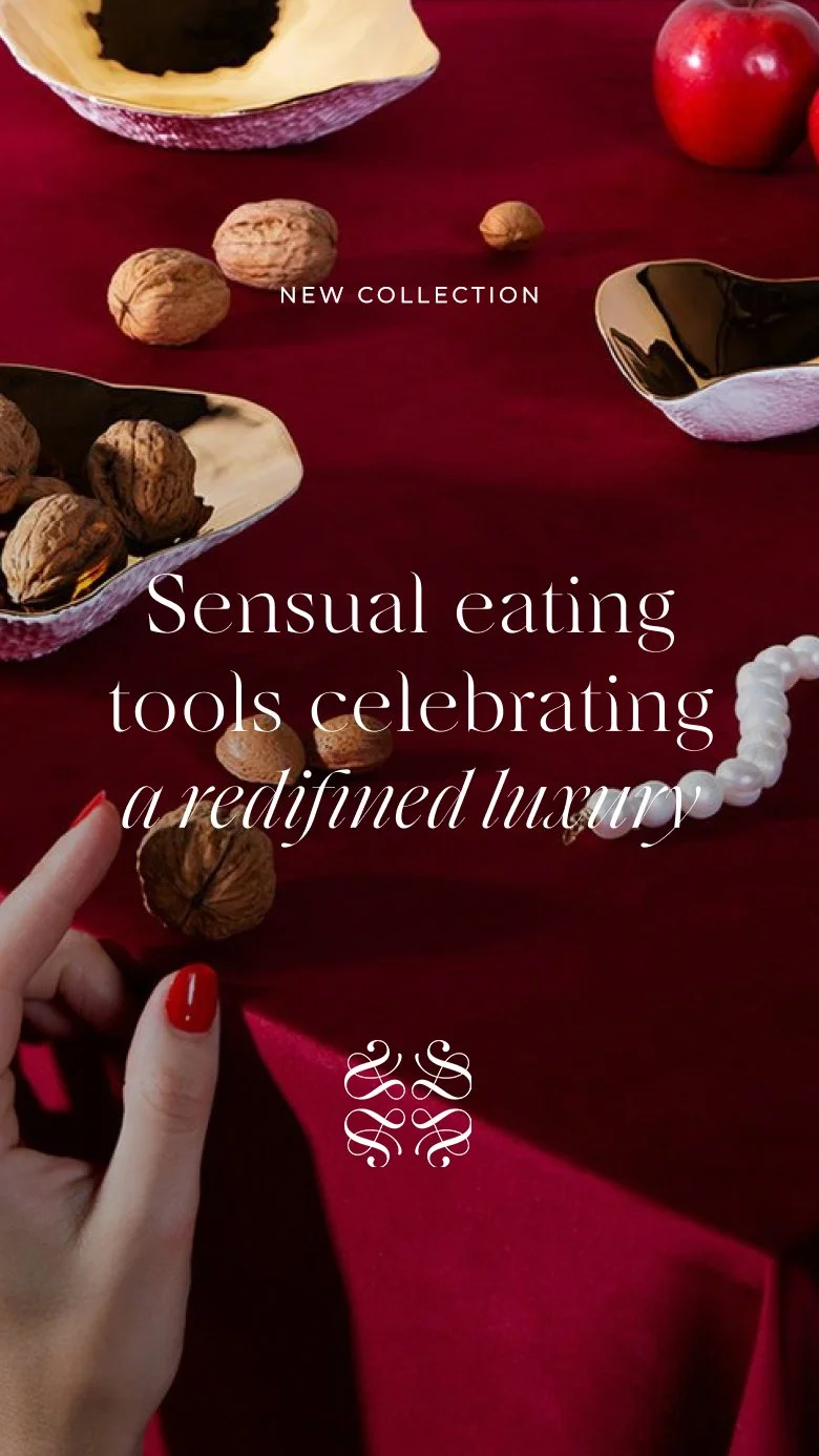 Luxury dining scene, overlaid with “Sensual eating tools celebrating a redifined luxury” Sarah-Linda, sensual tableware, branding, web design and editorial project by Automne Studio.