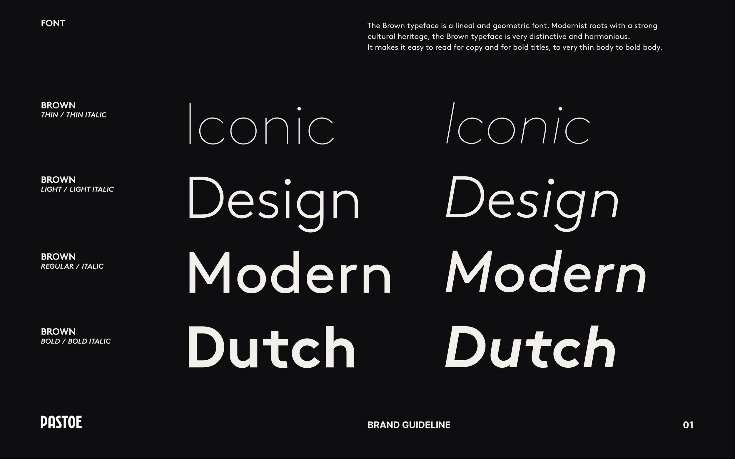 Brand guideline page showcasing the Brown typeface for Pastoe, timeless dutch furniture design, branding project by Automne Studio.