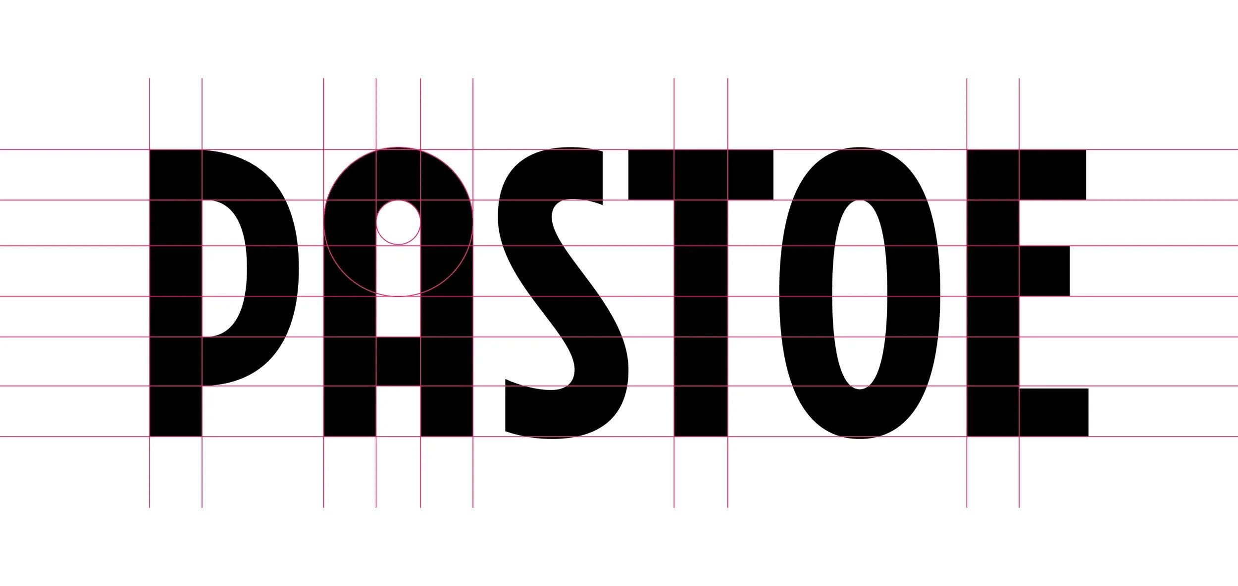 Large black PASTOE logo over a white background with magenta grid lines, timeless dutch furniture design, branding project by Automne Studio.