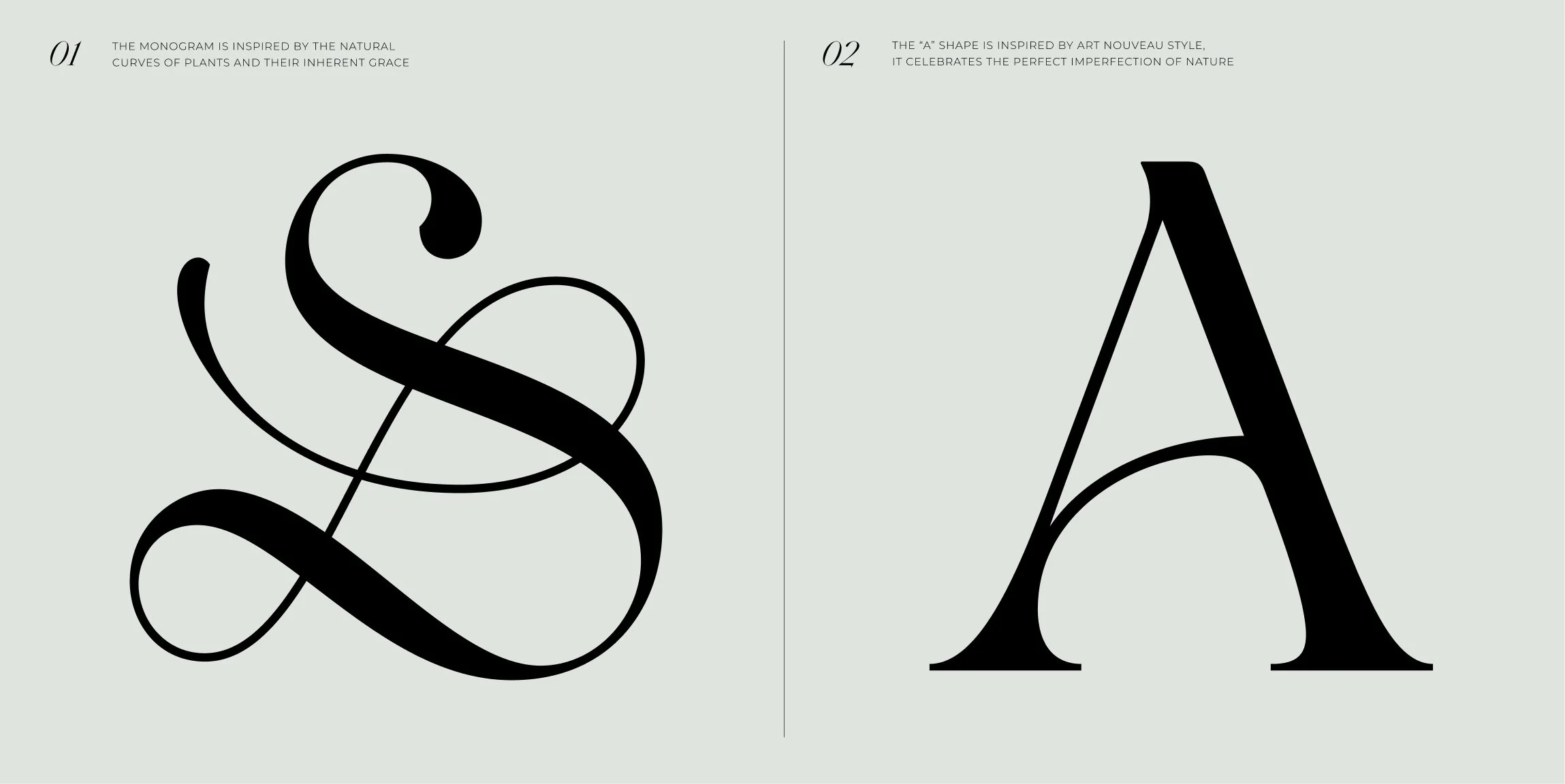 Brand identity presentation showing a botanical-inspired S and L monogram and an Art Nouveau-style letter A letter from the Sarah-Linda logo, sensual tableware, branding, web design and editorial project by Automne Studio.