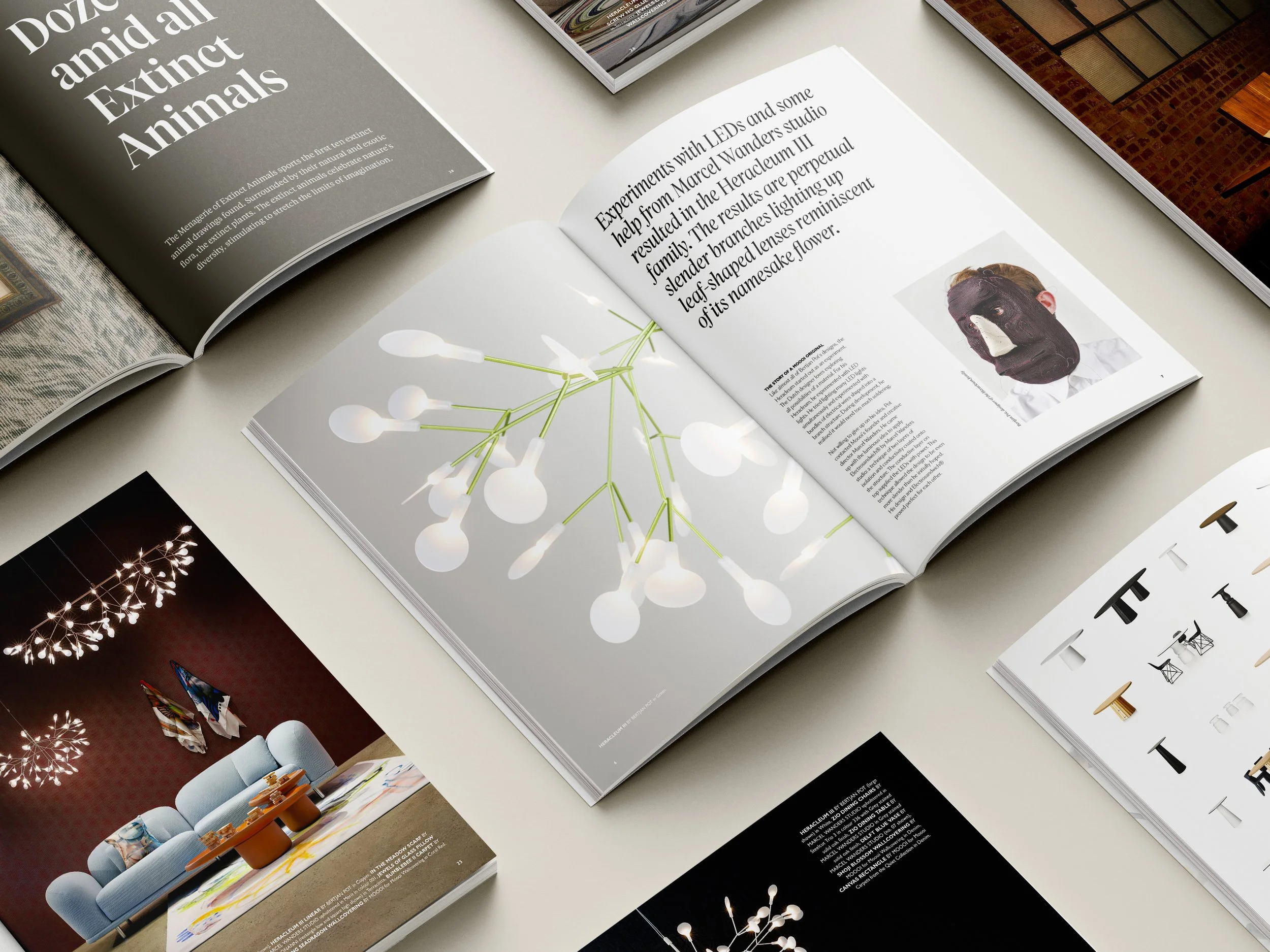 Open design magazines displayed on a table, Editorial magazine spread, Moooi book, editorial project by Automne Studio.