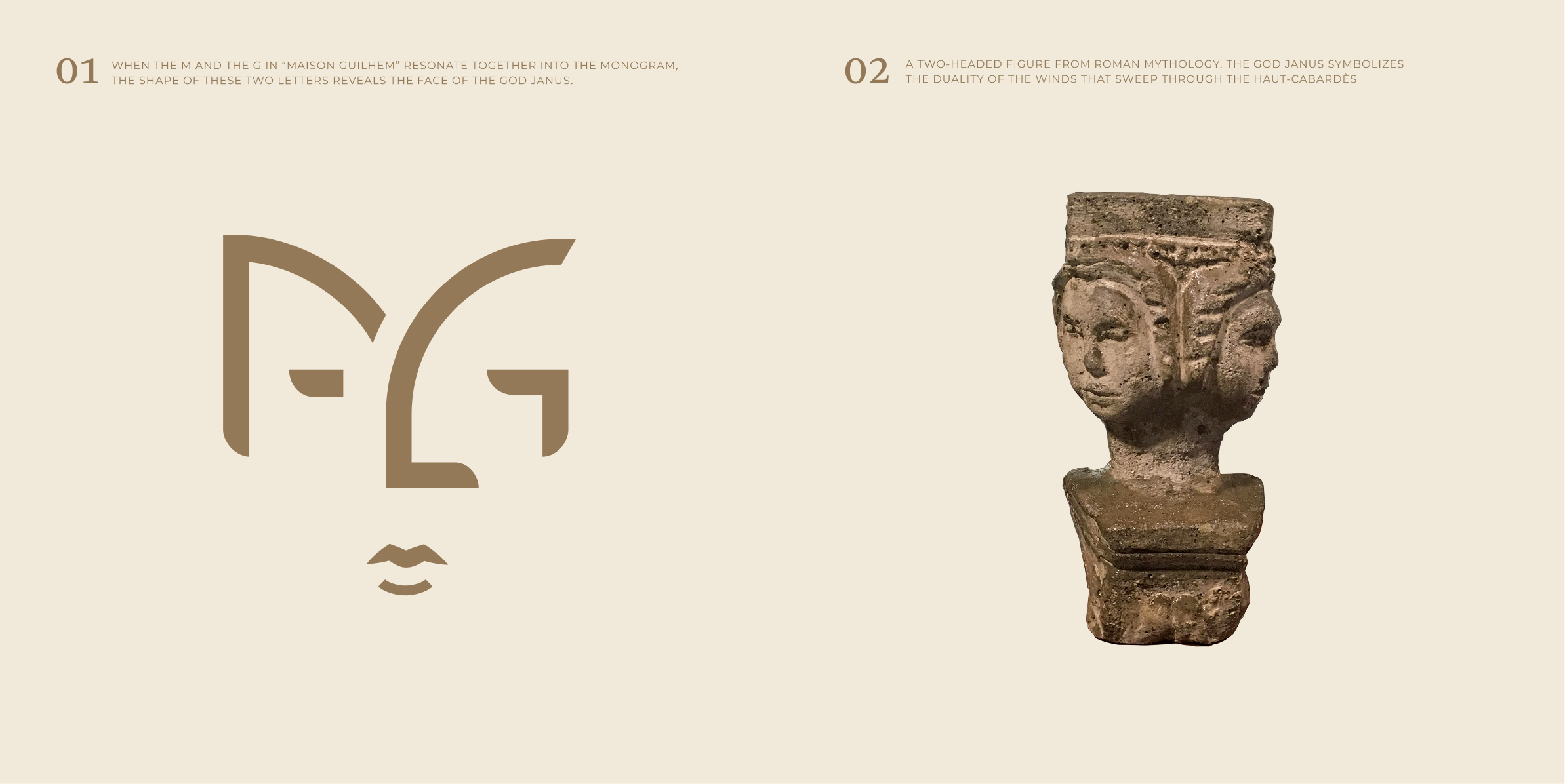 Maison Guilhem presentation featuring a stylized M and G monogram alongside a two-headed Roman god Janus bust, branding and editorial project by Automne Studio.