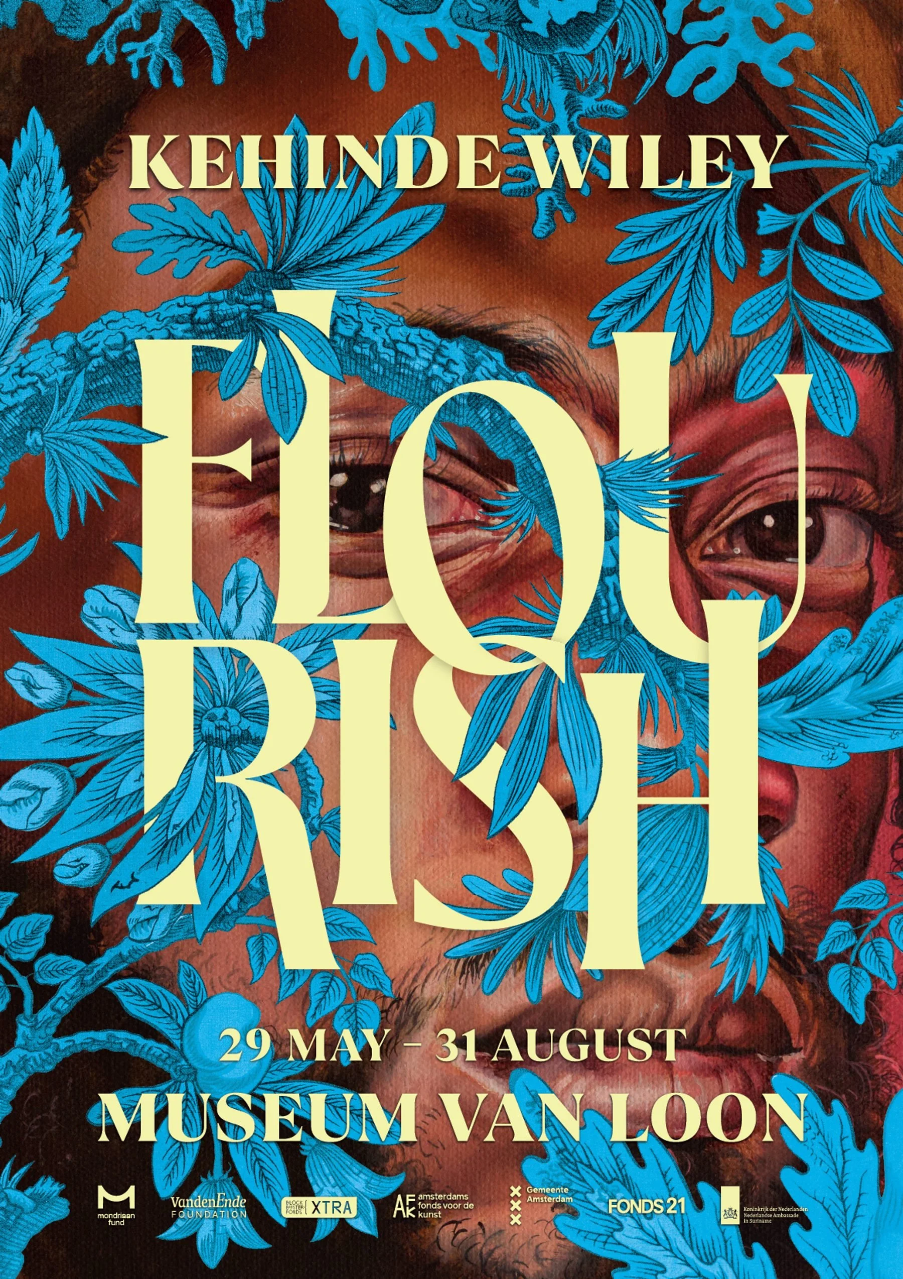 Poster of the Flourish exhibition for Kehinde Wiley at Museum Van Loon in Amsterdam, Illustration and pattern by Automne Studio.
