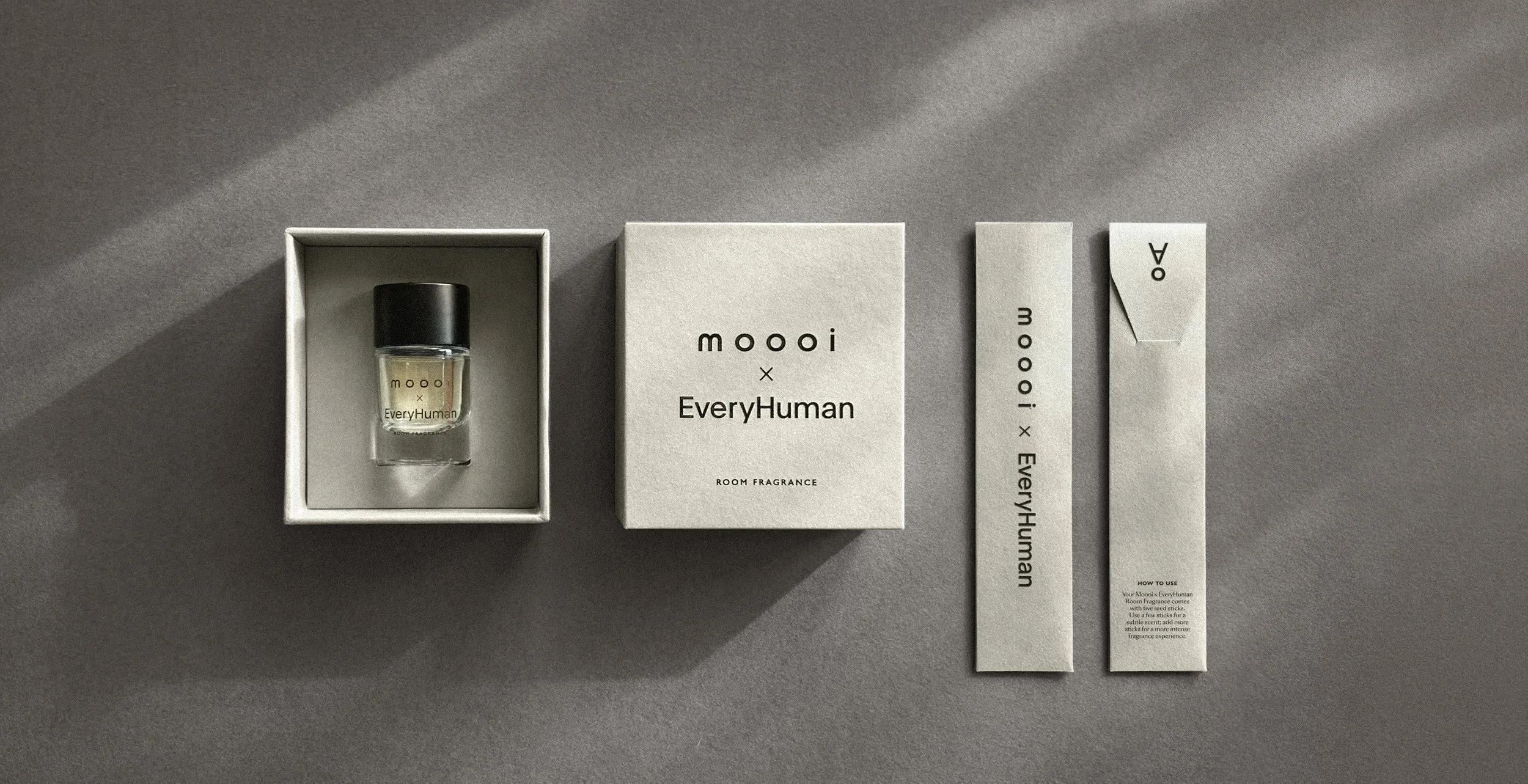Moooi x EveryHuman room fragrance set, packaging and branding project by Automne Studio.
