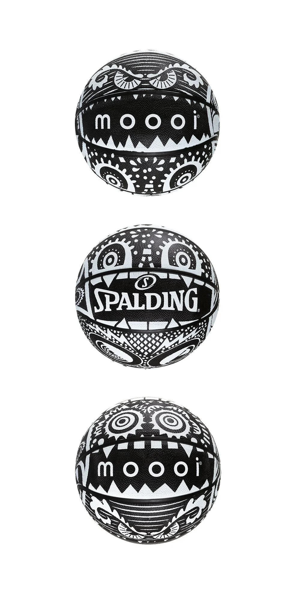Three black-and-white Moooi x Spalding basketballs, with the Marcel Wanders’ iconic Monster graphics, illustration project by Automne Studio.