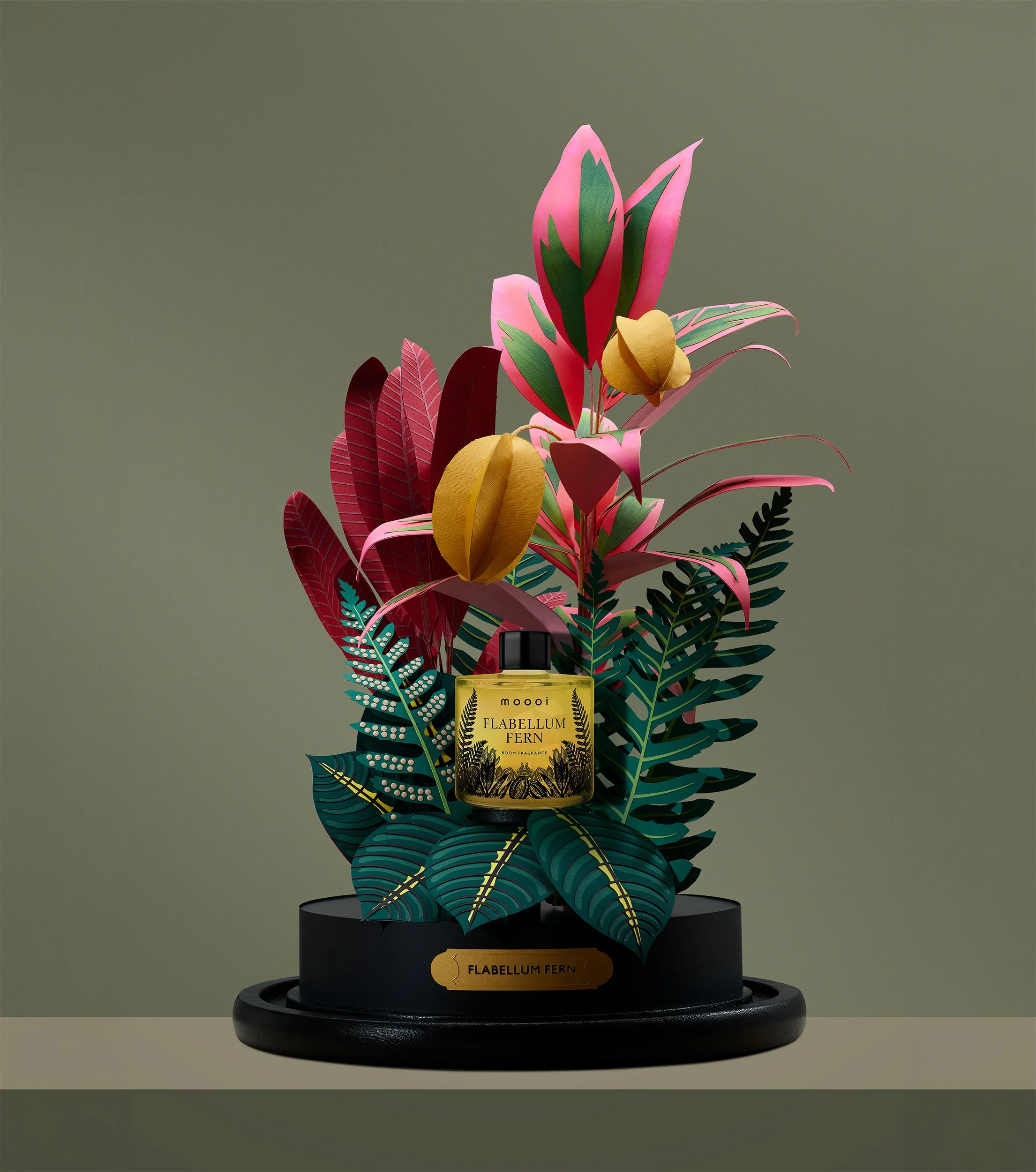 Moooi Flabellum Fern fragrance bottle, Extinct Plants Home Fragrance Collection by Moooi, illustration, packaging and visual identity by Automne Studio.