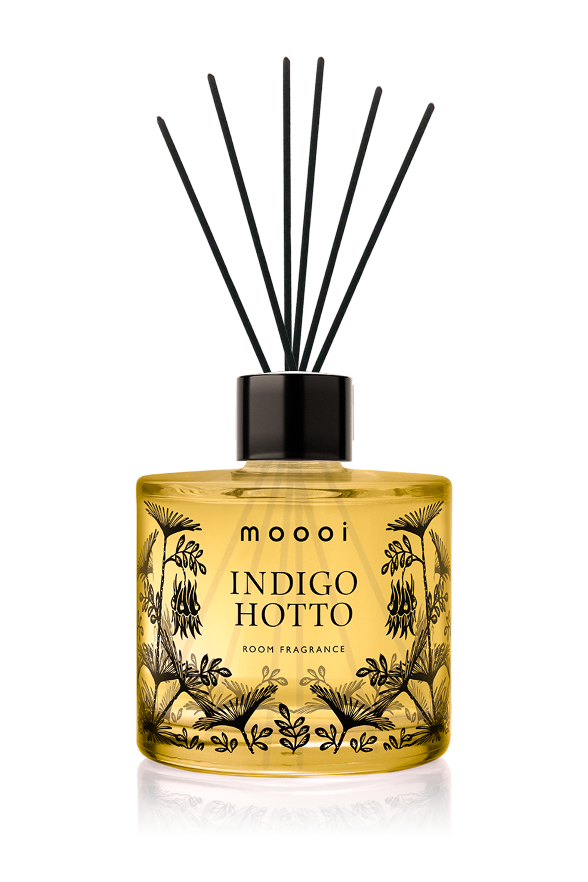 Moooi Indigo Hotto fragrance bottle diffuser, Extinct Plants Home Fragrance Collection by Moooi, illustration, packaging and visual identity by Automne Studio.