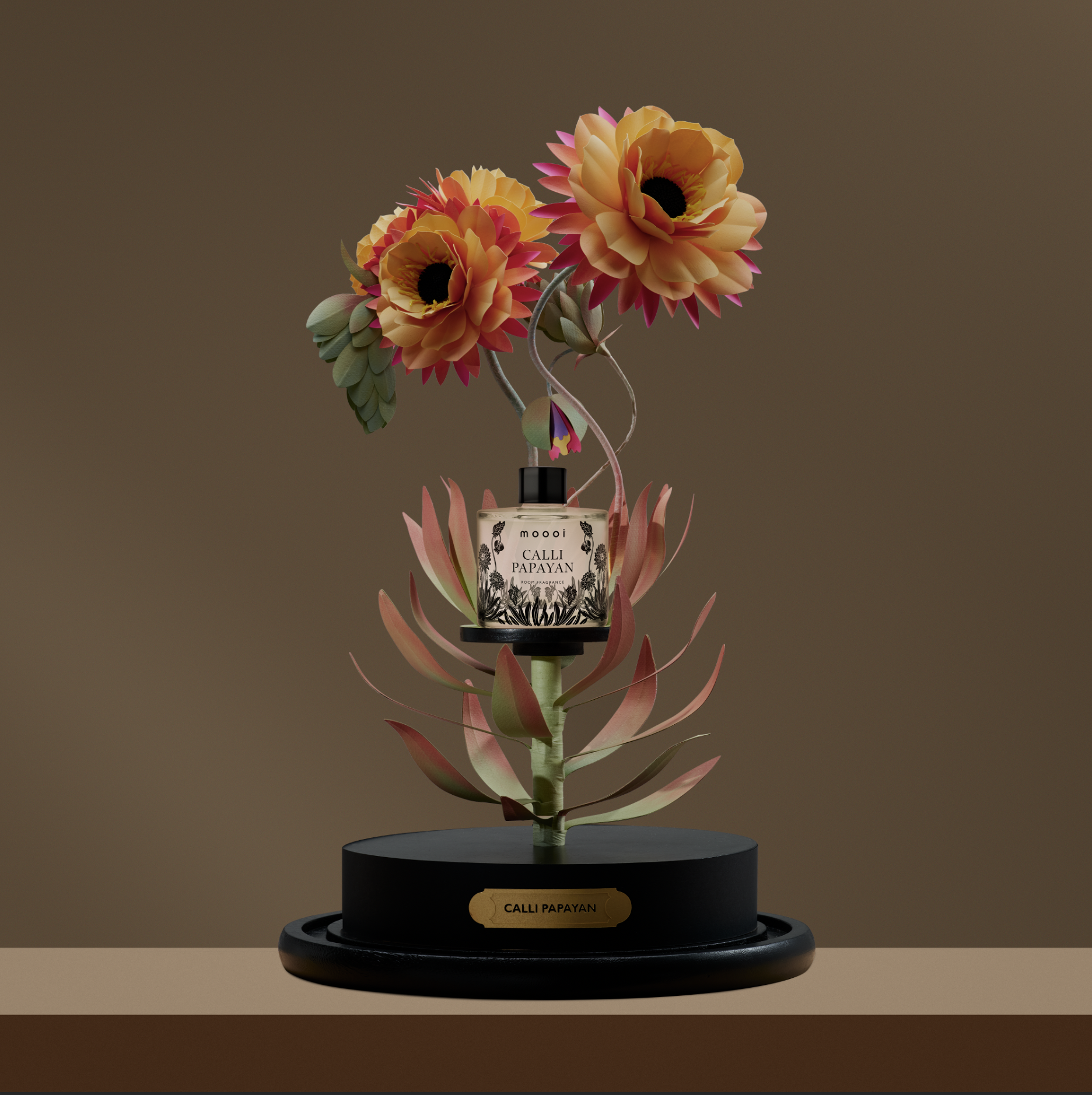 Moooi Calli Papayan fragrance bottle, Extinct Plants Home Fragrance Collection by Moooi, illustration, packaging and visual identity by Automne Studio.