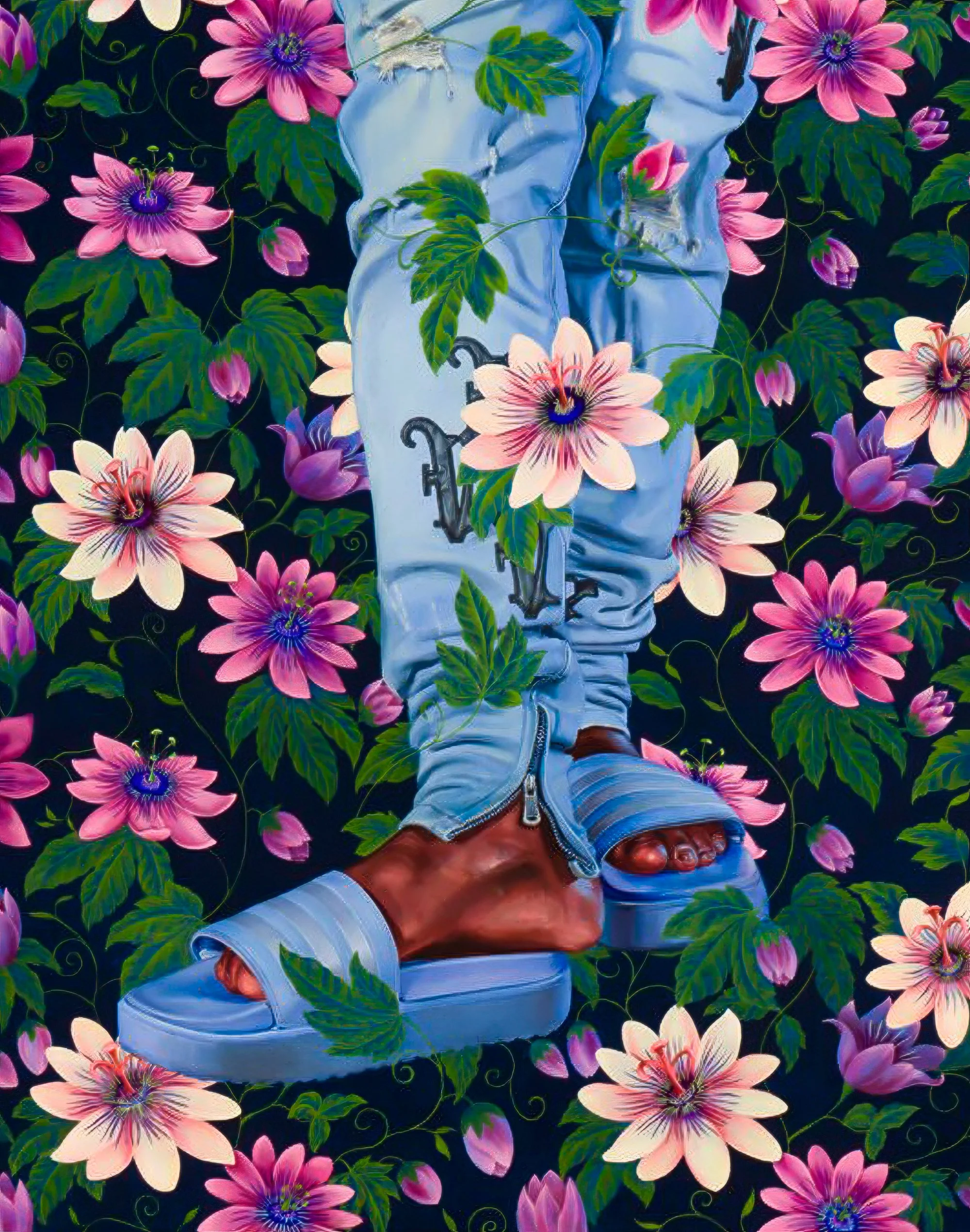 Close-up of a painted portrait by Kehinde Wiley for the Flourish exhibition at Museum Van Loon in Amsterdam, poster illustration and pattern by Automne Studio.