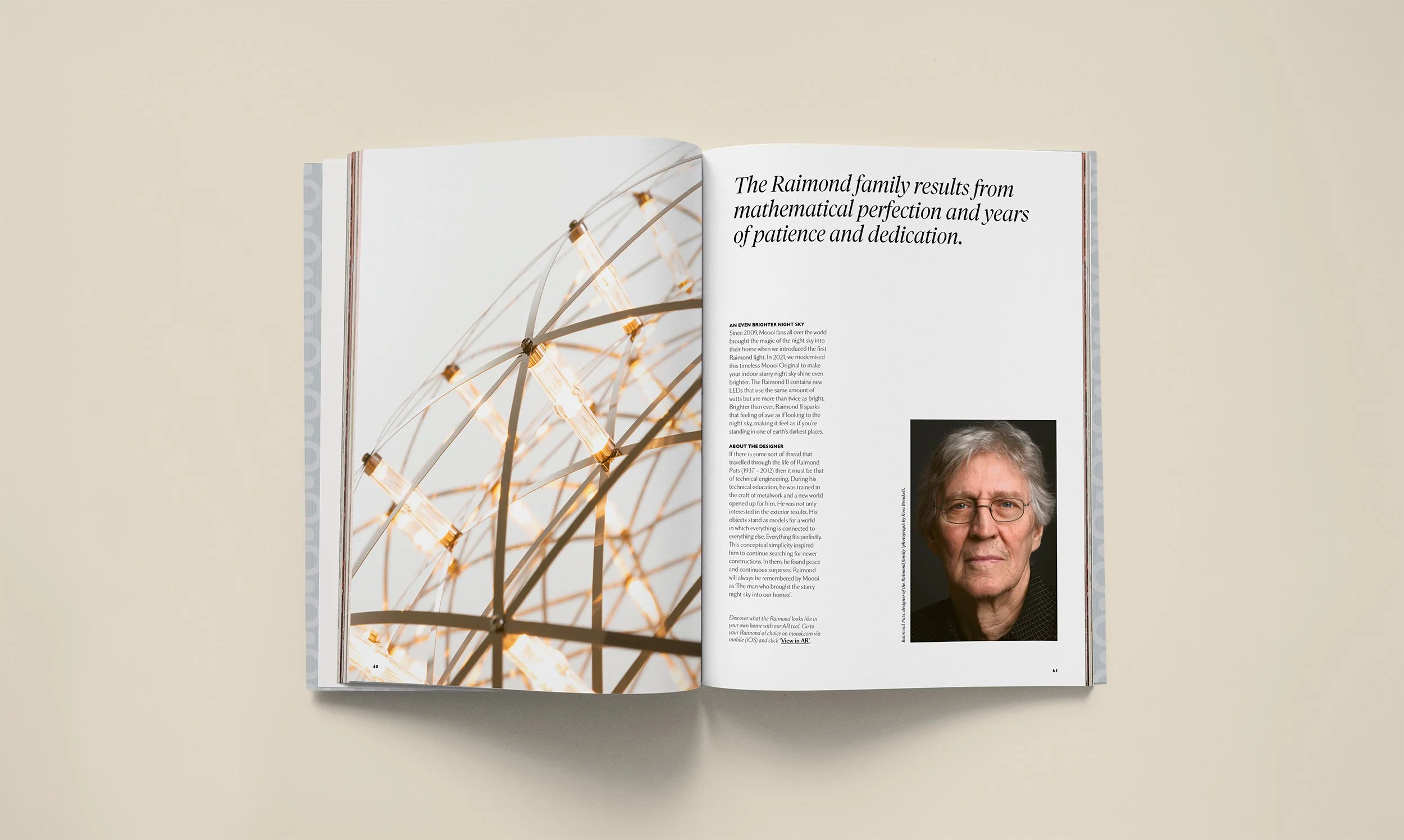 Open interior design magazine, Moooi book, article about the Raimond lighting family, with a portrait of designer Raimond Puts, editorial project by Automne Studio.