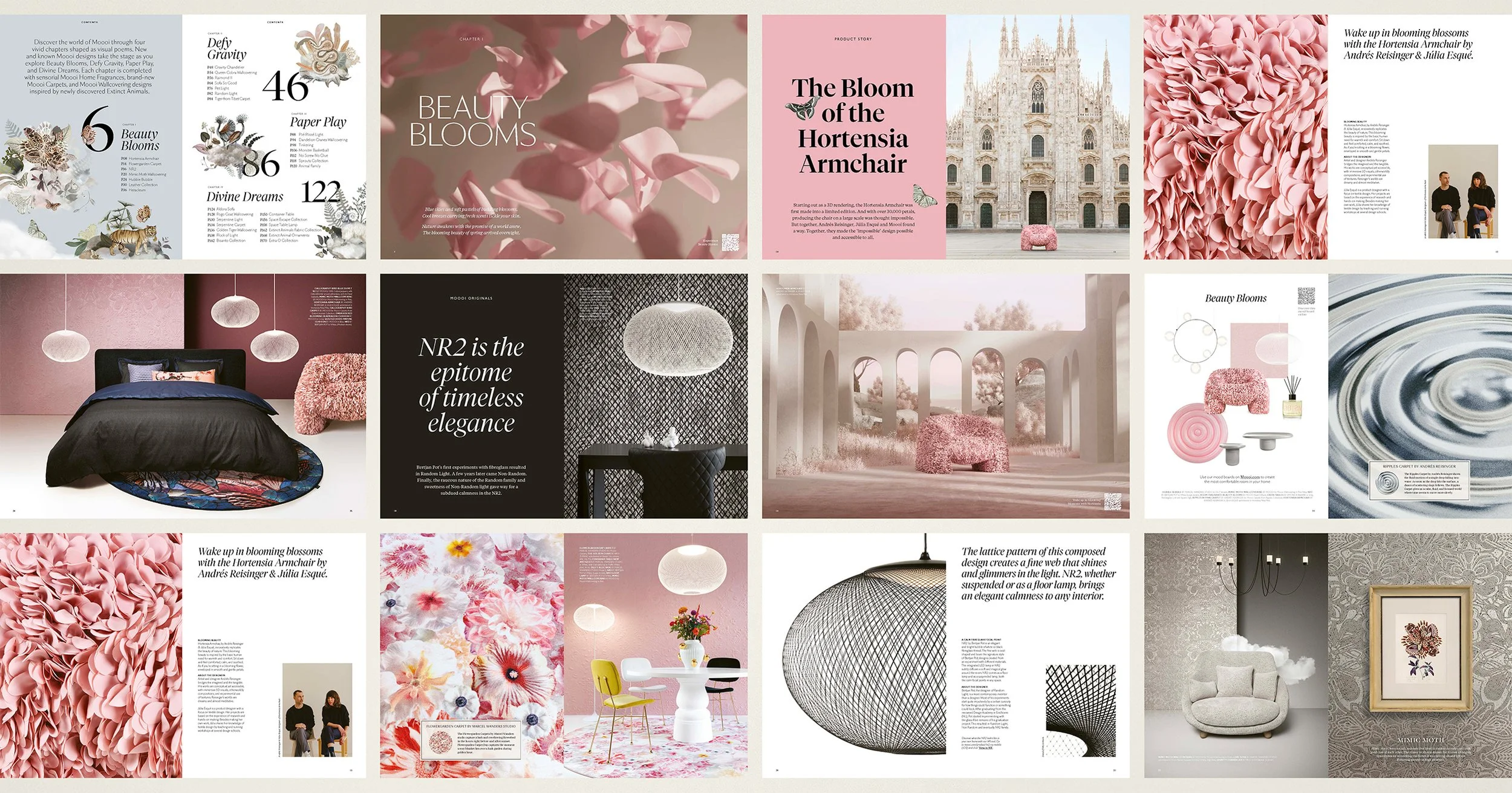 Overview of Editorial magazine spread, Moooi book, editorial project by Automne Studio.