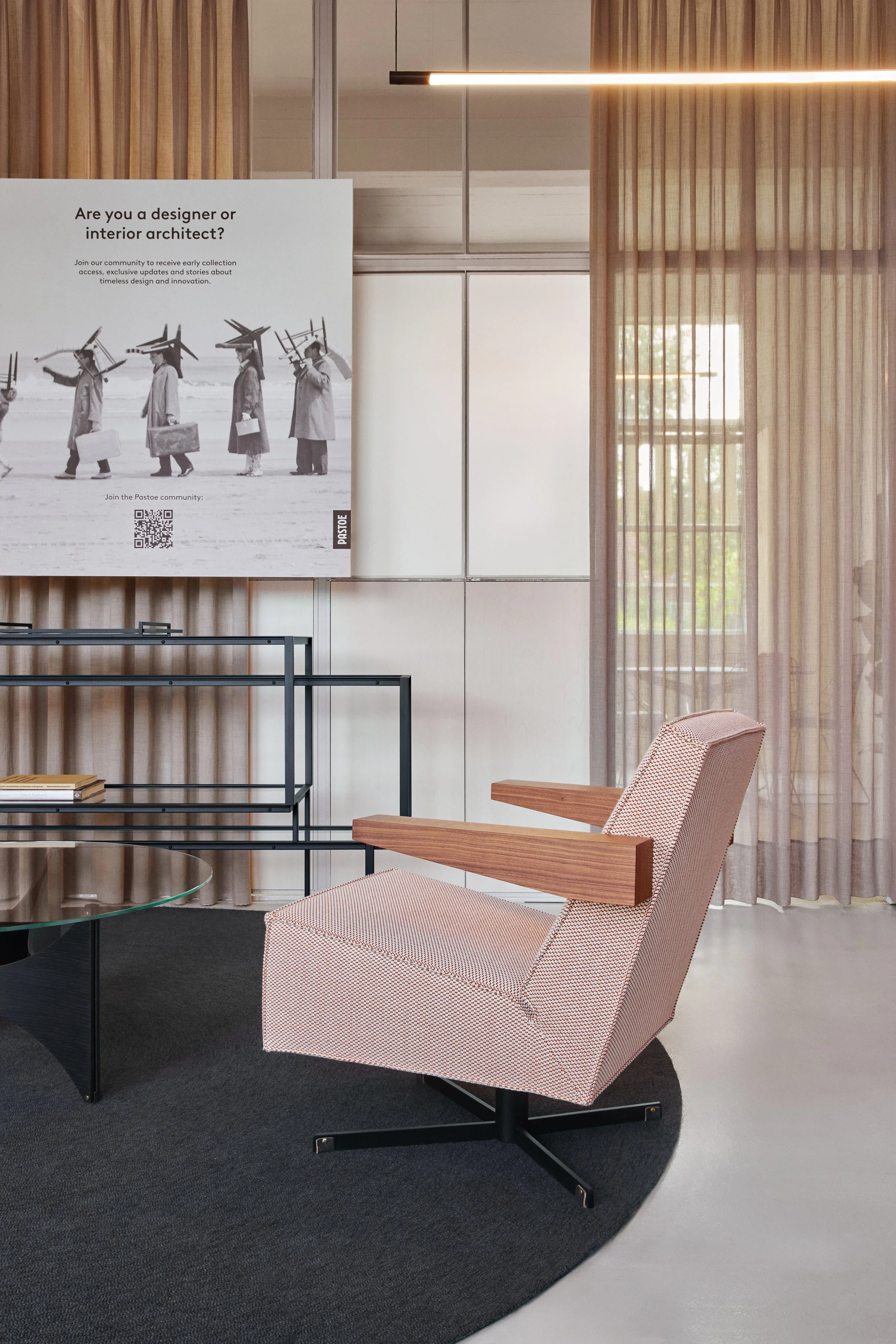 Modern interior with a patterned Pastoe lounge chair, timeless dutch furniture design, branding and illustration project by Automne Studio.