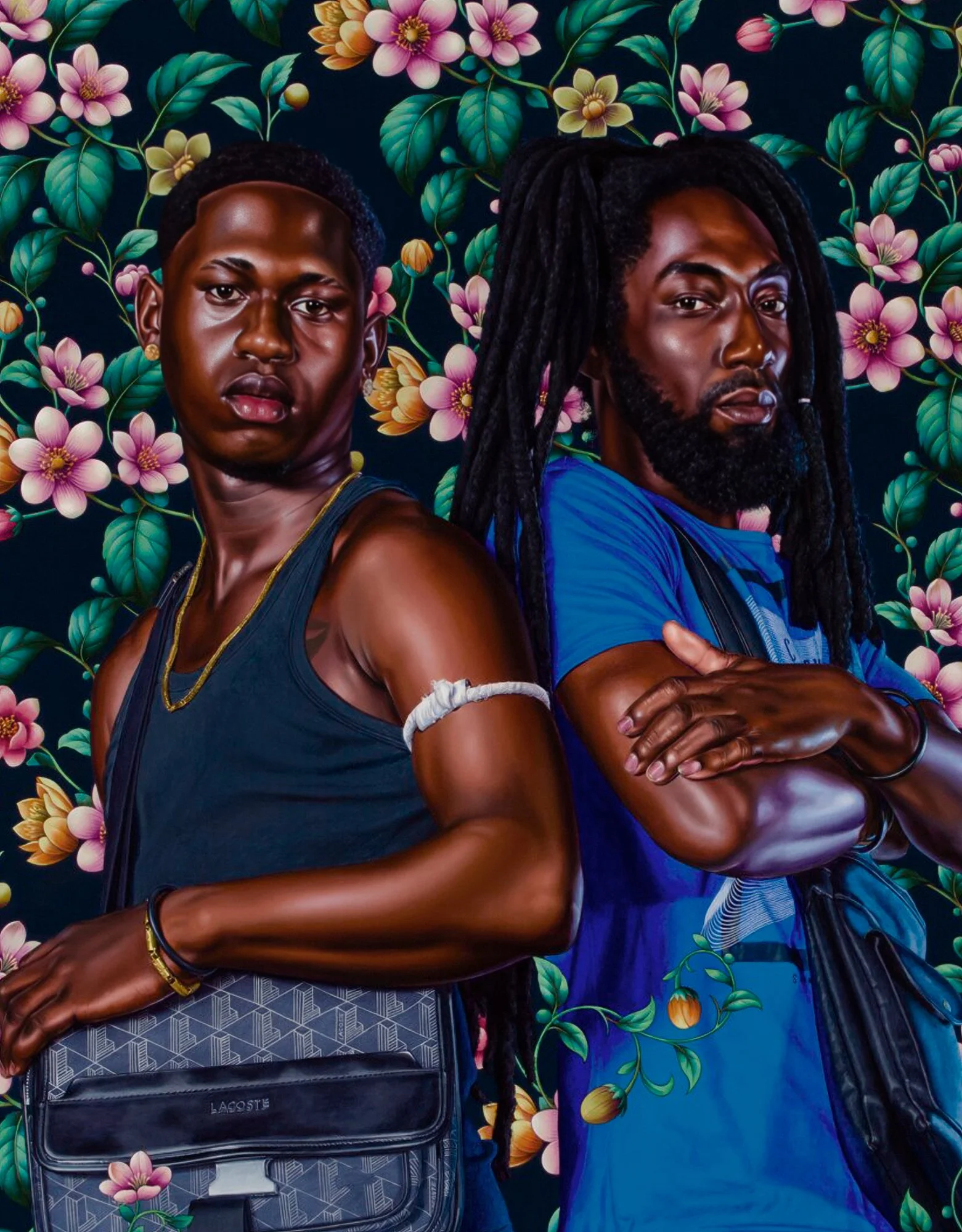 Close-up of a painted portrait by Kehinde Wiley for the Flourish exhibition at Museum Van Loon in Amsterdam, poster illustration and pattern by Automne Studio.