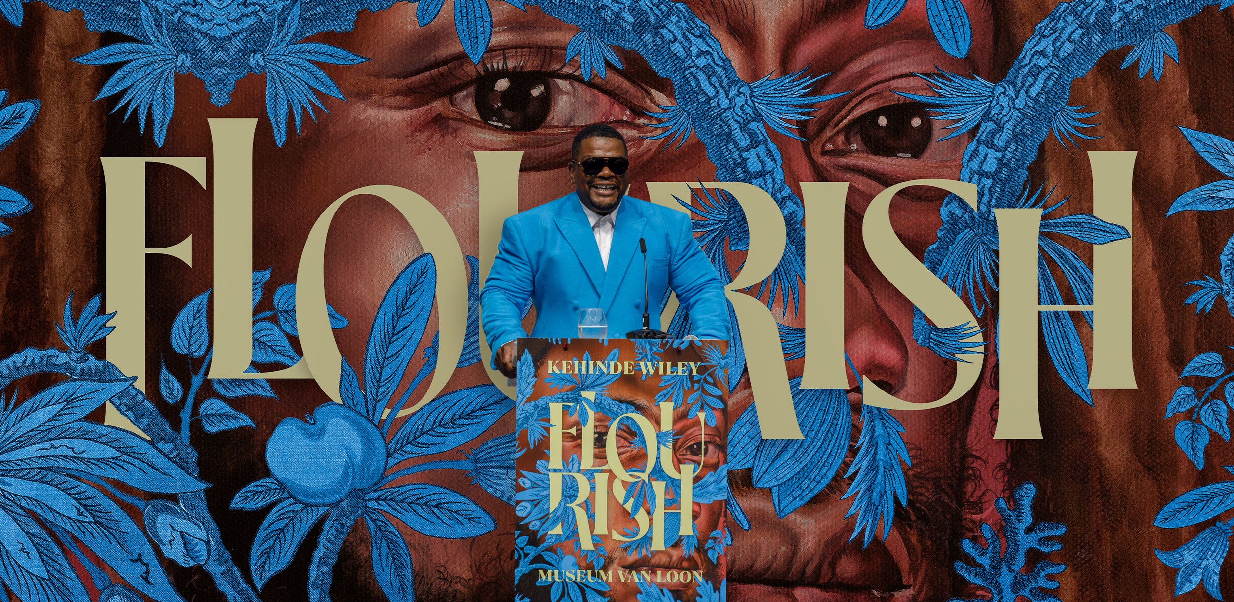 Kehinde Wiley in a bright blue suit speaking at a podium at the Flourish exhibition opening in De Duif in Amsterdam, Illustration and pattern by Automne Studio.