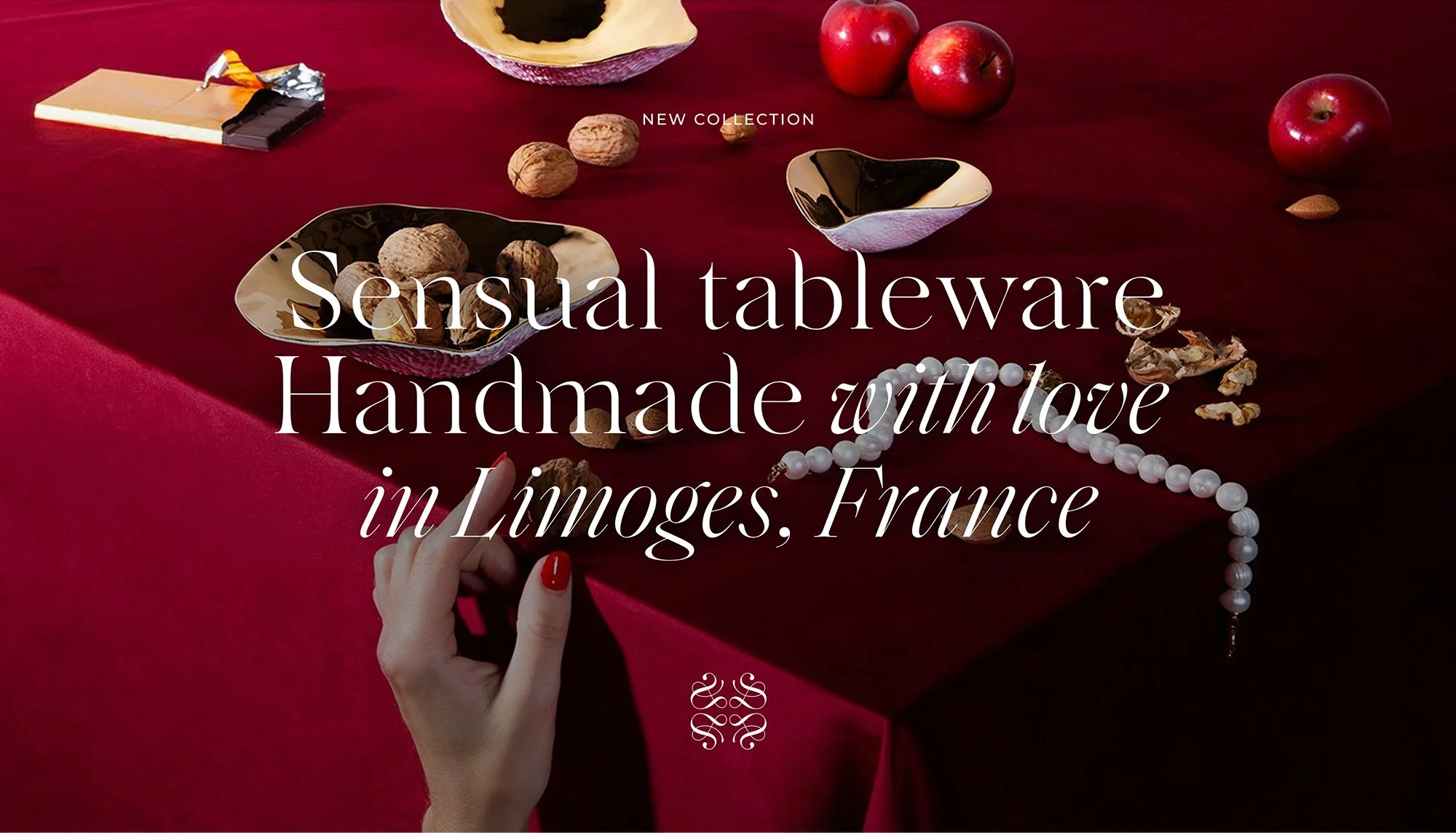 Luxury dining scene, overlaid with “Sensual eating tools celebrating a redifined luxury” Sarah-Linda, sensual tableware, branding, web design and editorial project by Automne Studio.