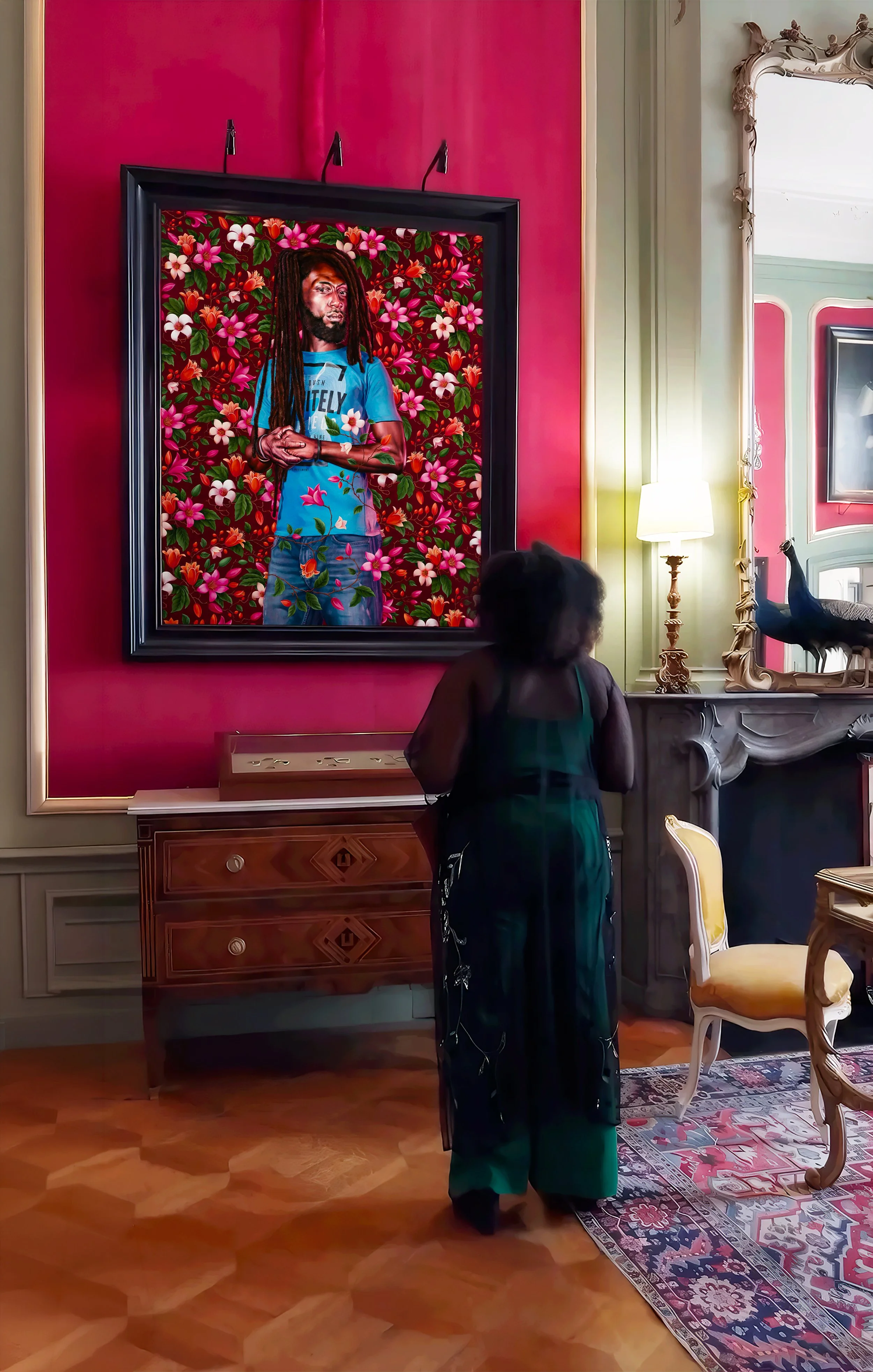 Person viewing a large framed panited portrait by Kehinde Wiley at the Flourish exhibition at Museum Van Loon in Amsterdam, poster illustration and pattern by Automne Studio.
