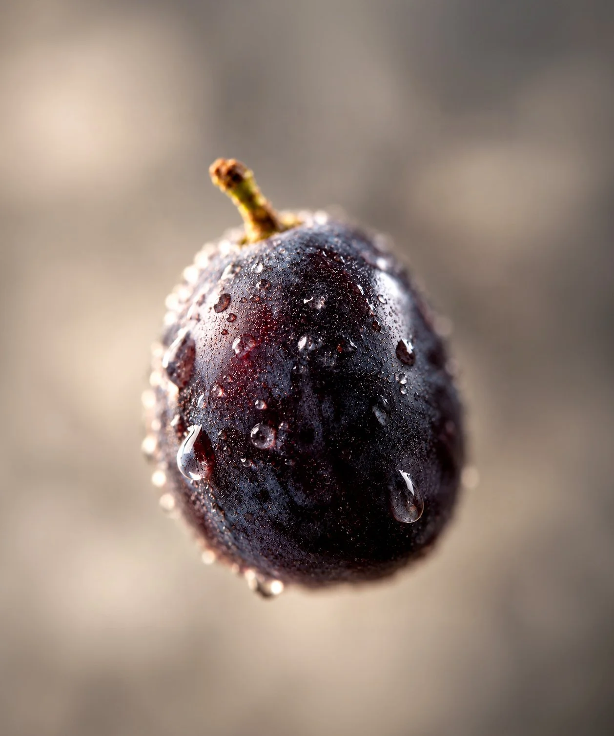 Close-up of a dark purple grape covered in water droplets, Maison Guilhem, French vineyard, branding and editorial project by Automne Studio.