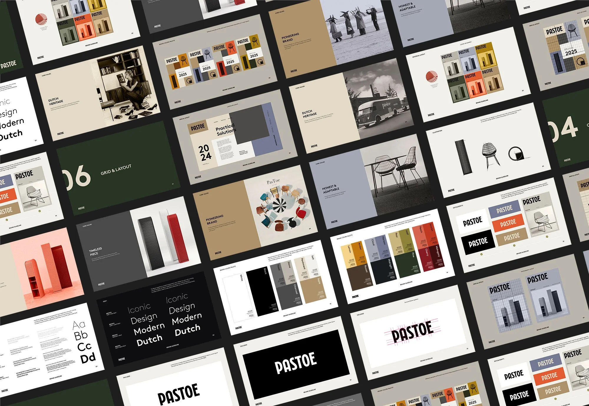 Overview of Pastoe brand guidelines featuring logos, color palettes, typography, furniture photography, layouts, and Dutch design references, timeless dutch furniture design, branding and illustration project by Automne Studio.