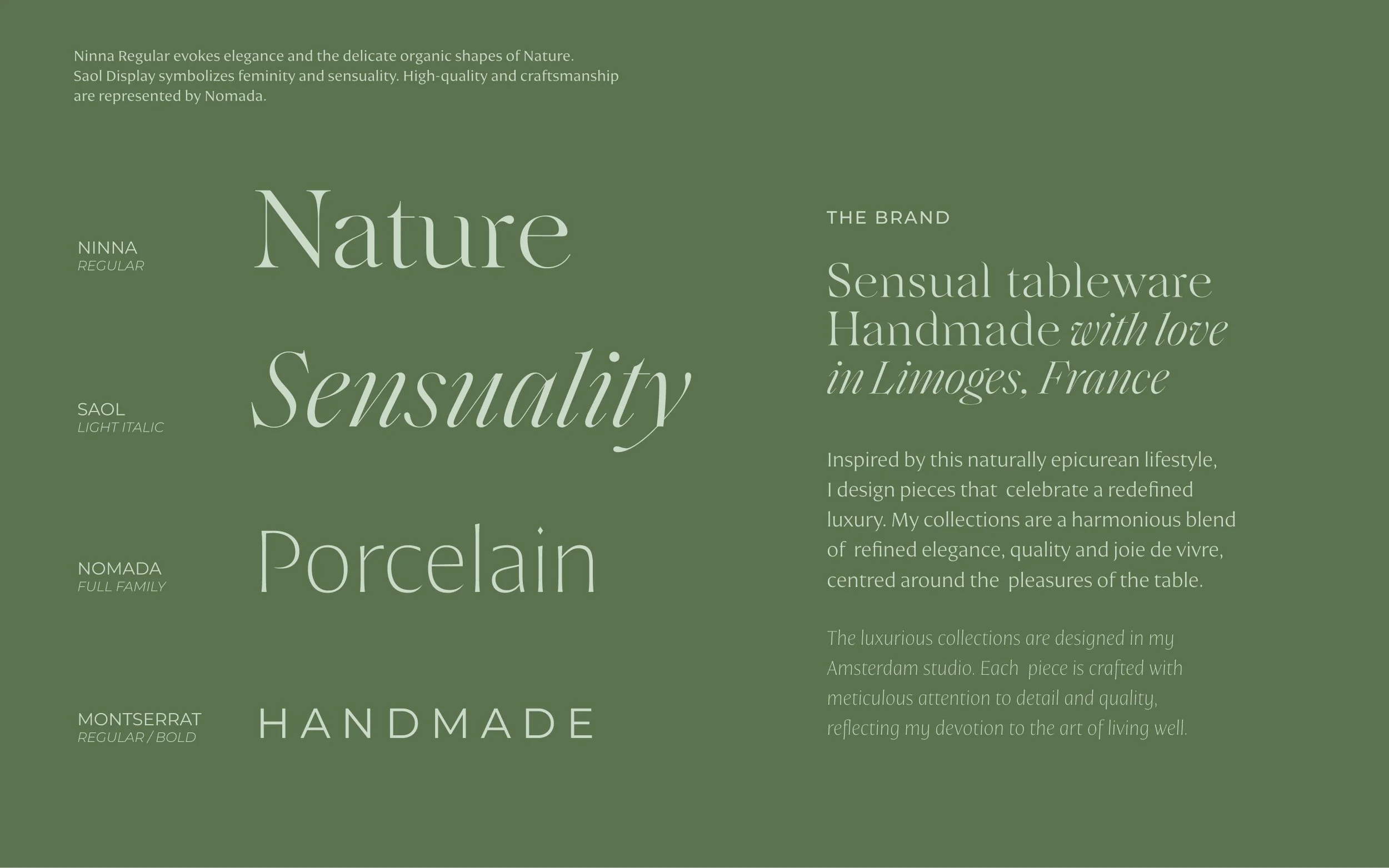 Green typography presentation board, featuring the words Nature, Sensuality, Porcelain, and Handmade, with text about the Ninna and Saol font, Sarah-Linda, sensual tableware, branding, web design and editorial project by Automne Studio.