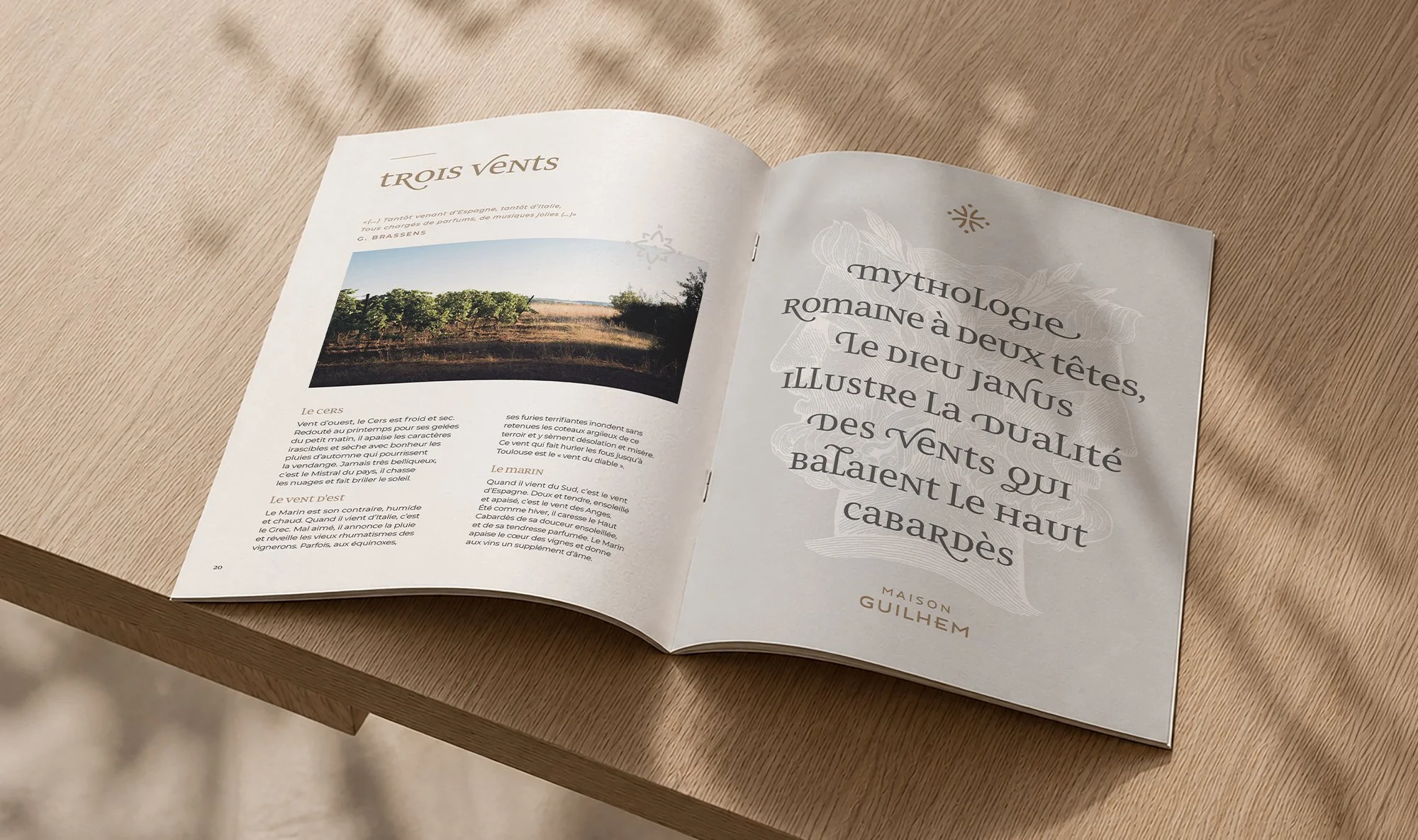 Open booklet titled “Trois Vents”, Maison Guilhem, French vineyard, branding and editorial project by Automne Studio.