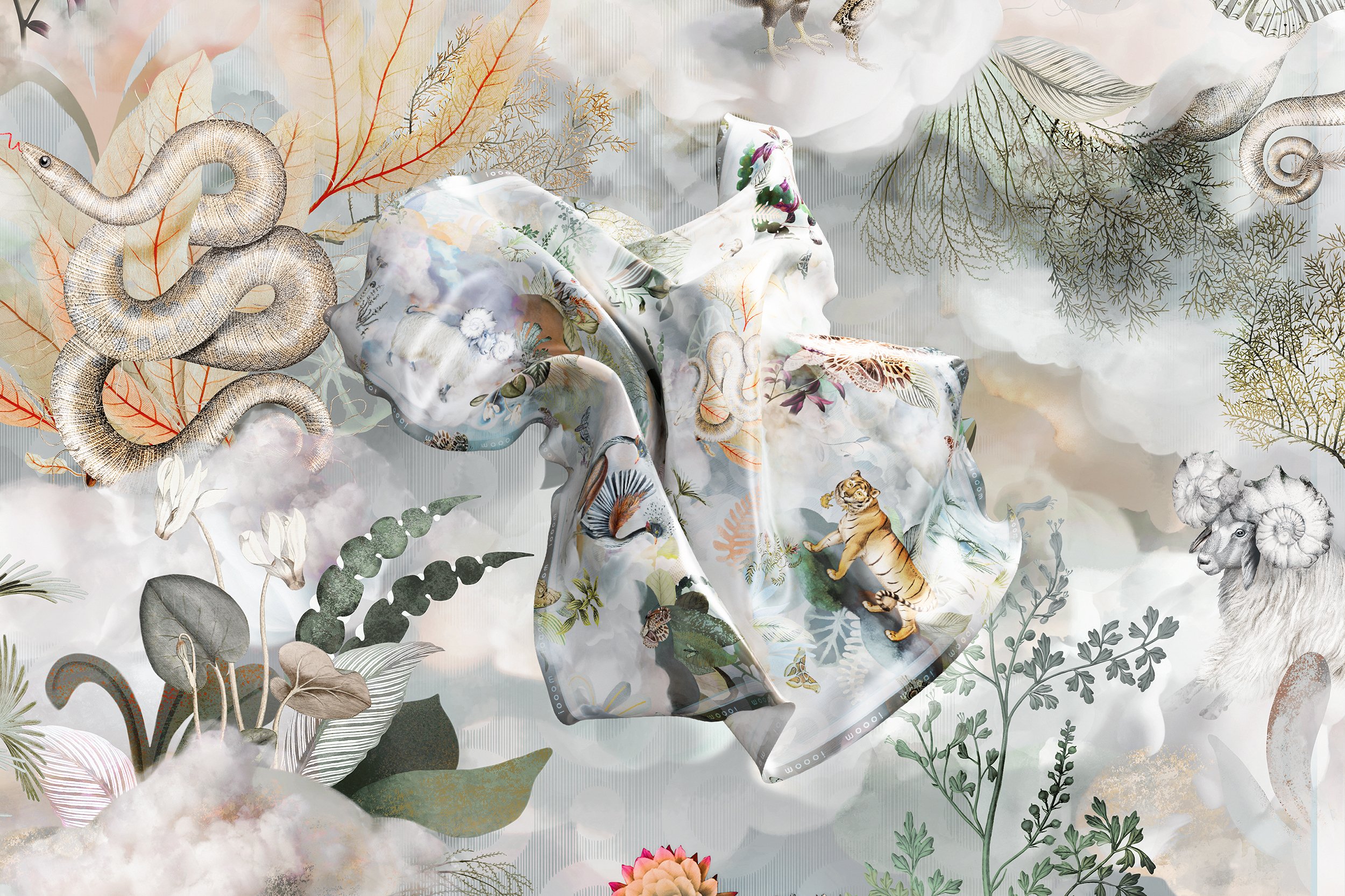 Scarf Memento Moooi Medley Dawn, Extinct Animals family, illustration and visual identity by Automne Studio.