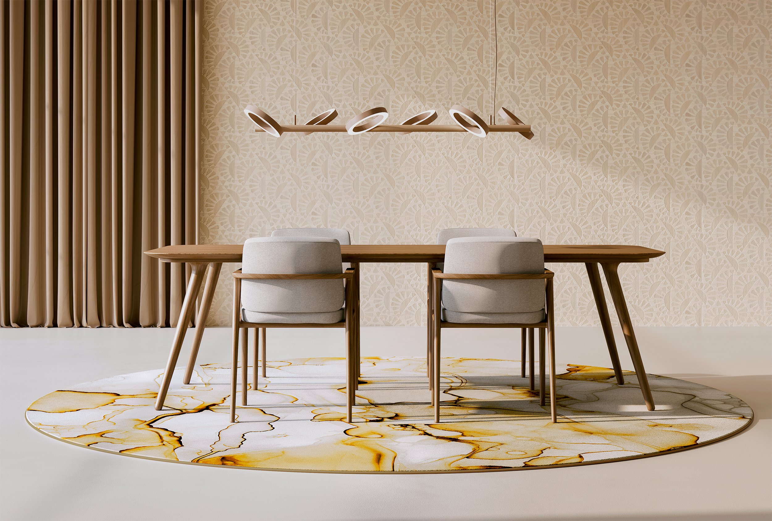 Modern dining room with a carpet with a pattern of Dibble Dabble Bay by Moooi Carpets, pattern design and illustration project by Automne Studio.
