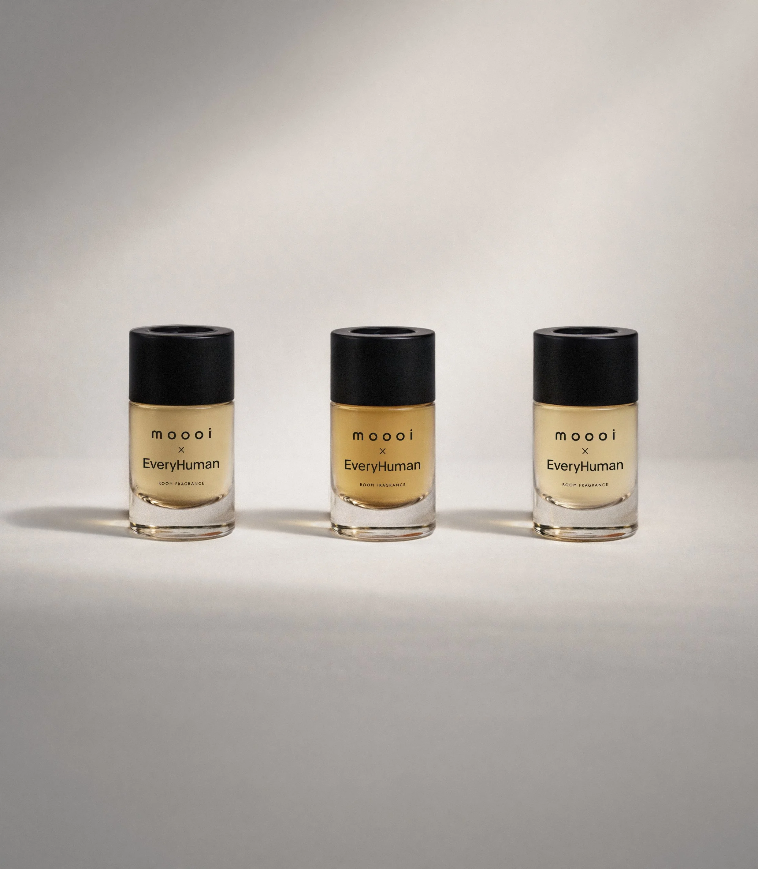 Three Moooi x EveryHuman room fragrance bottles, packaging and branding project by Automne Studio.