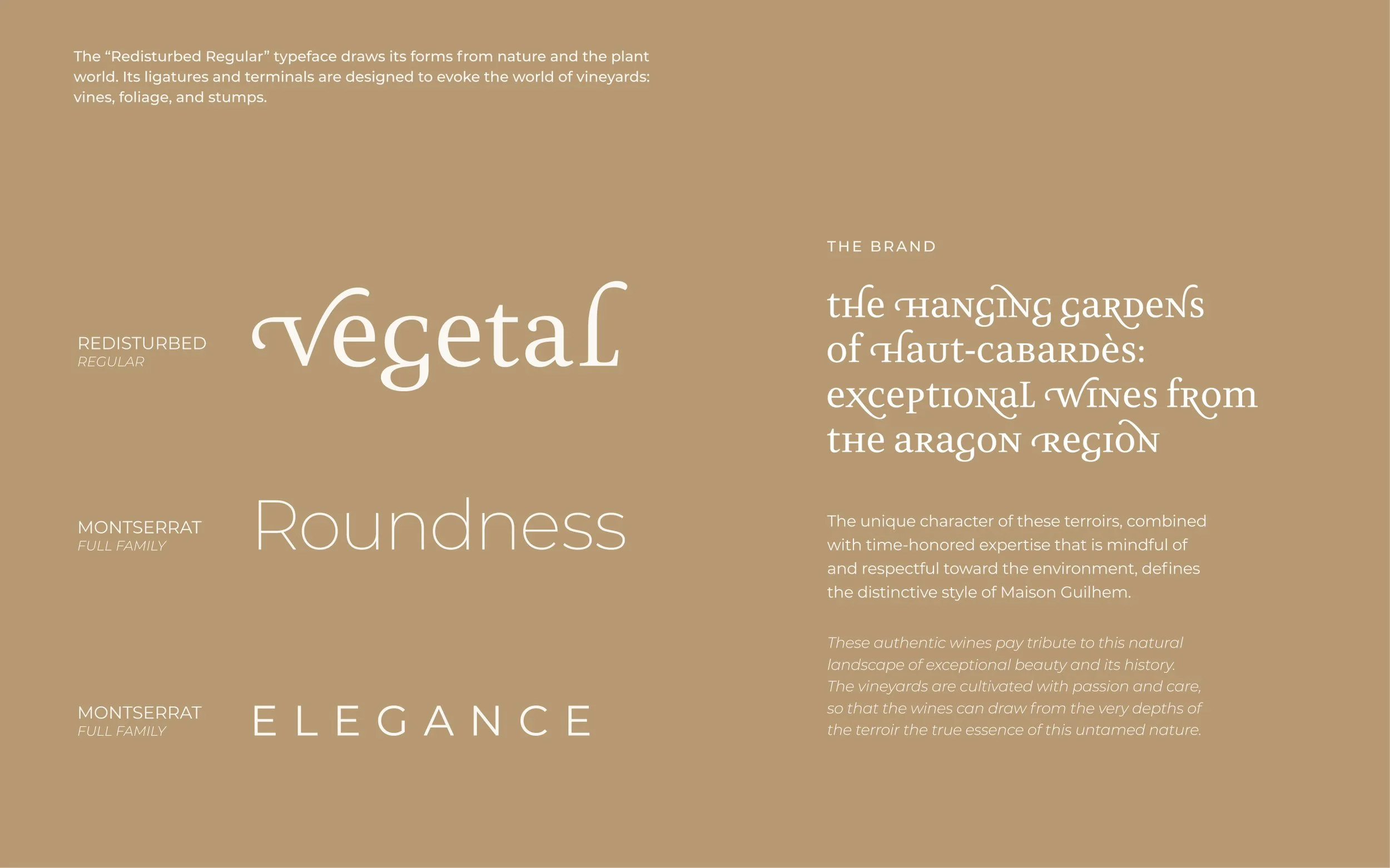 Typography and branding presentation for Maison Guilhem wines, featuring the Redisturbed, Montserrat, and Vegetal typefaces, branding and editorial project by Automne Studio.