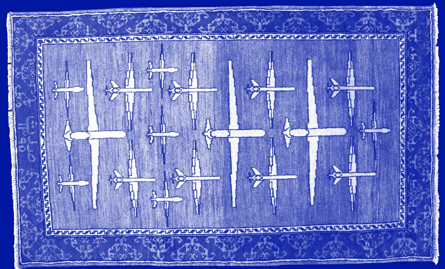 Blue Persian-style rug with a geometric pattern, Ishkar Zine, craftsmanship from countries at war, editorial project by Automne Studio.