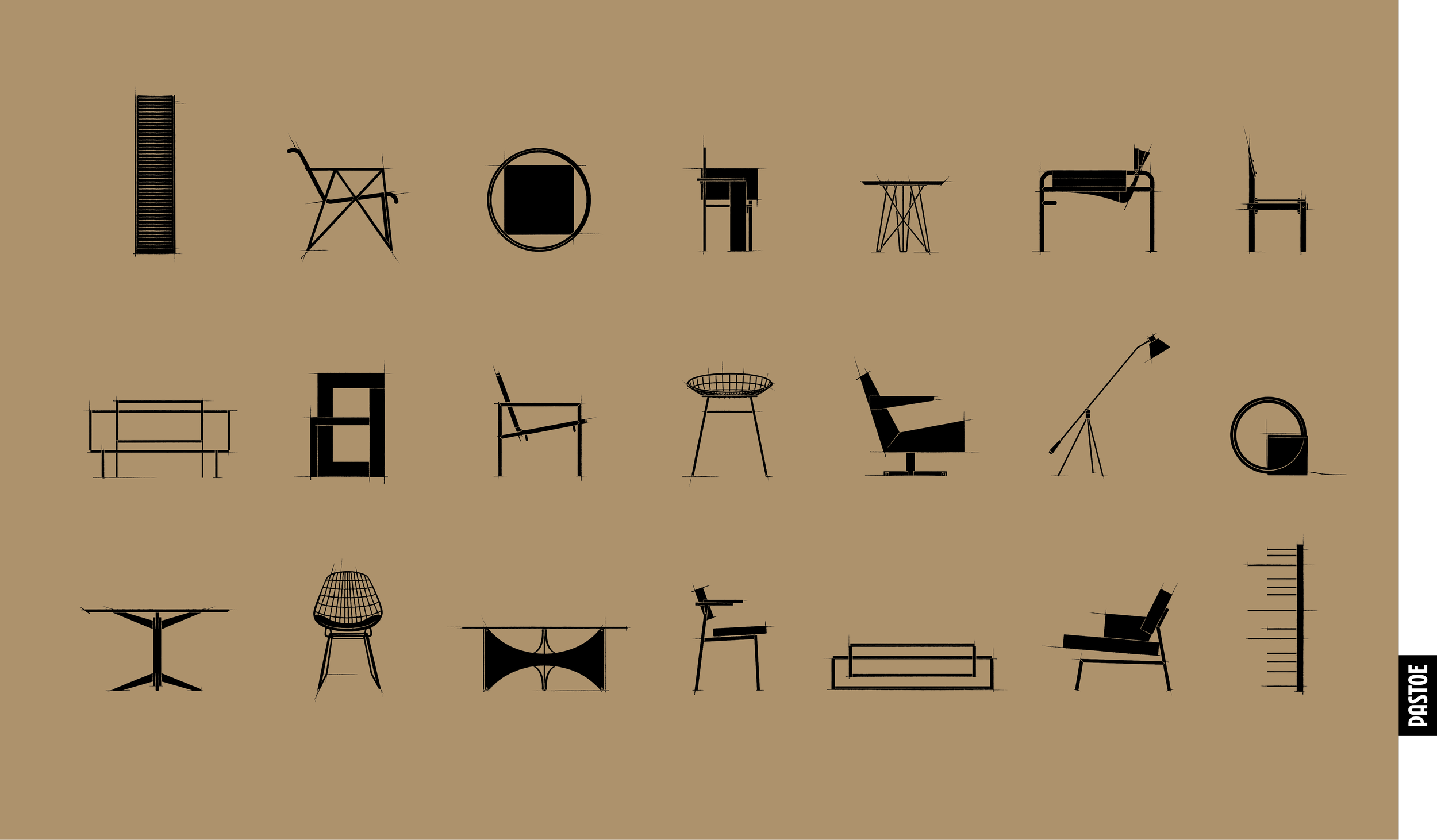 Collection of black mid-century modern furniture silhouettes of the Pastoe furniture collection, timeless dutch furniture design, branding and illustration project by Automne Studio.