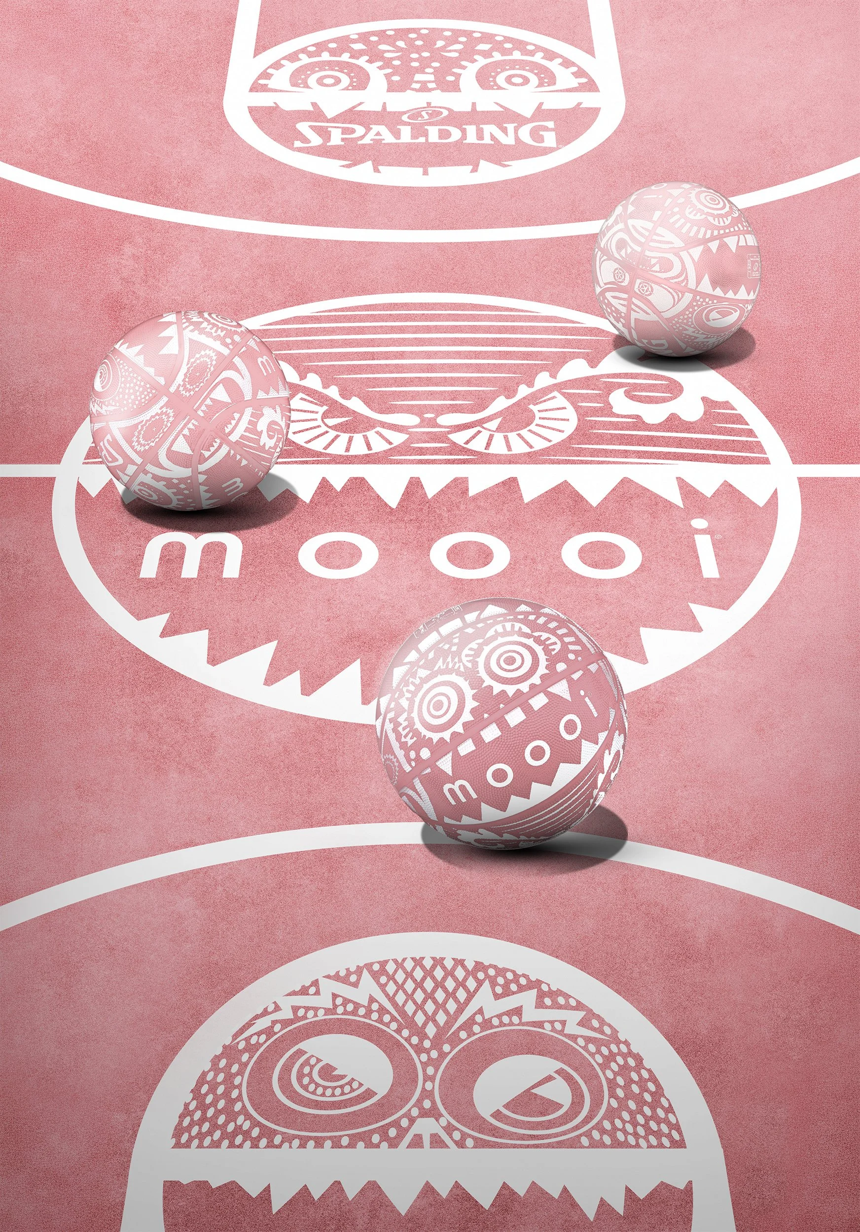 Three pink Moooi x Spalding basketballs on a pink Moooi basketball court, with the Marcel Wanders’ iconic Monster graphics, illustration project by Automne Studio.
